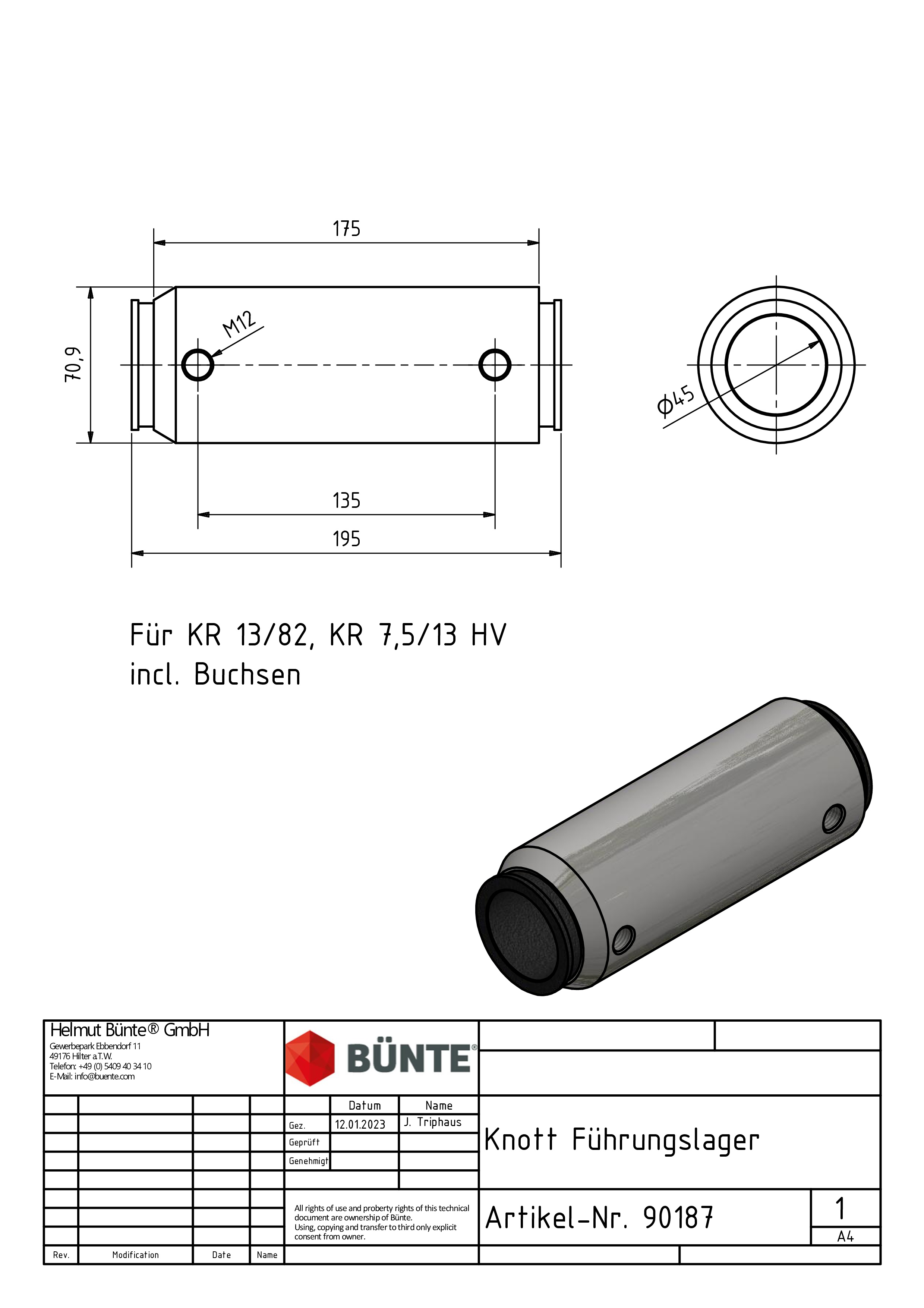 KNOTT Geleidebus, voor KR13/82, KR 7,5/13 HV, staa