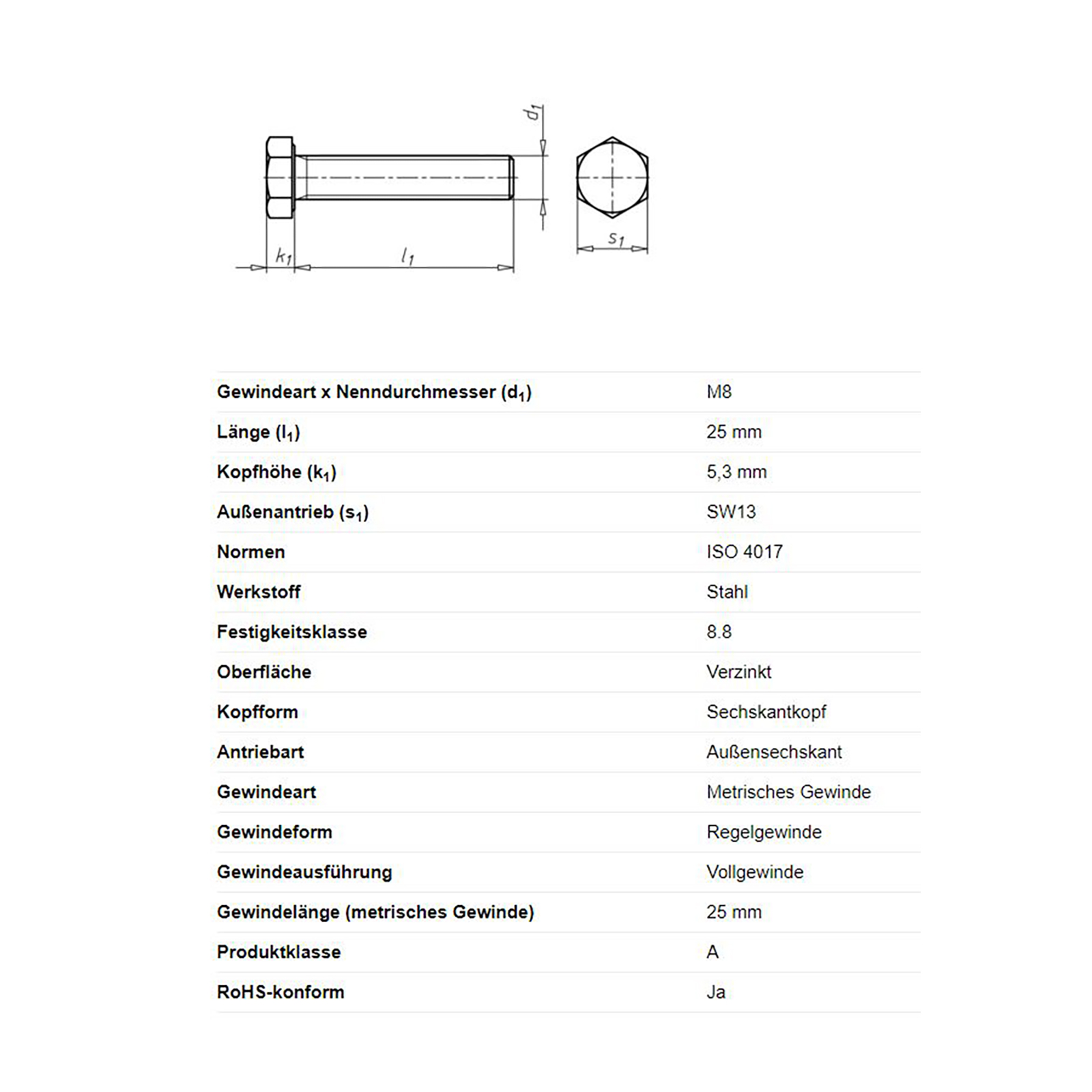 Sechskantschraube, M8 x 25 mm, Schlüsselweite 13