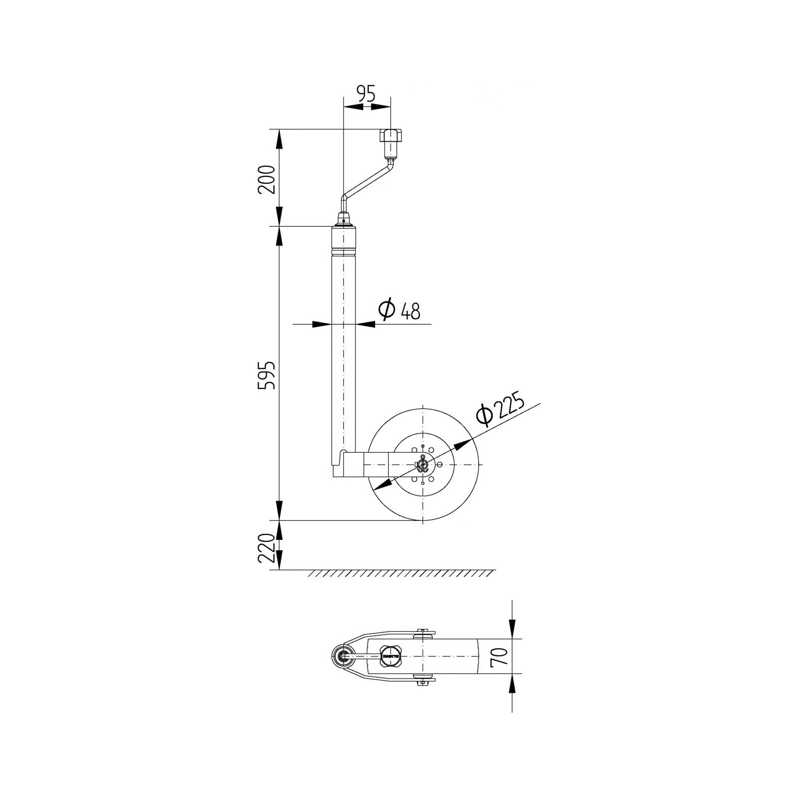 BÜNTE Jockey Wheel, Ø 48mm, 220 x 60mm, with scale