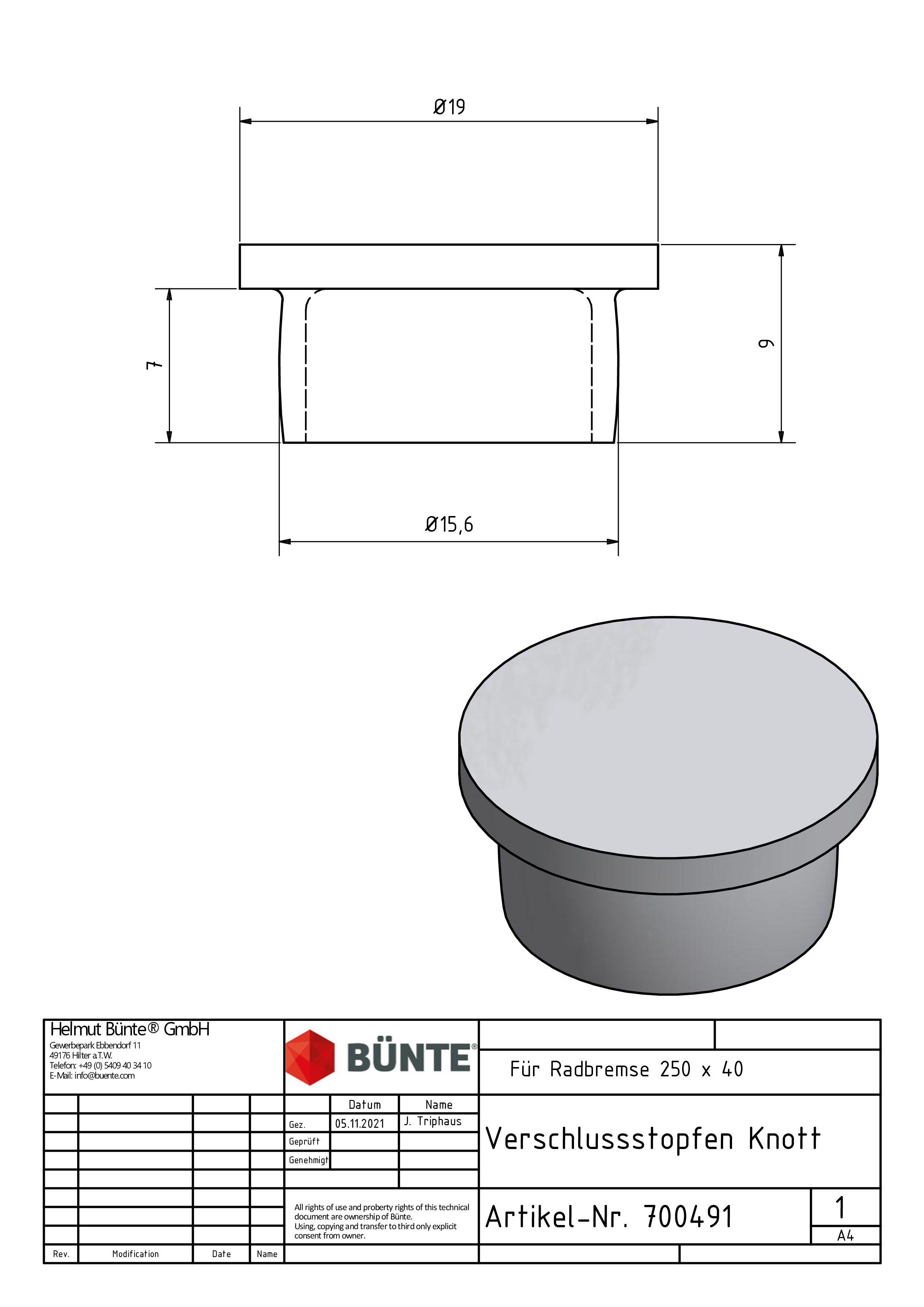 KNOTT Verschlussstopfen, Ø 15,6/20 x 9 mm, transp.