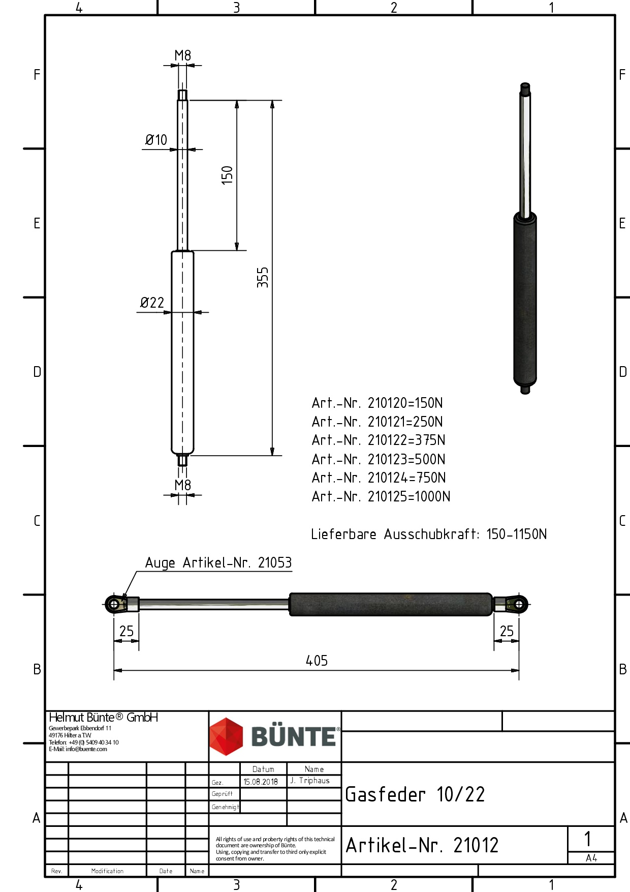 BÜNTE Gasfeder 10/22, 500 N, 355 mm, 150 mm Hub