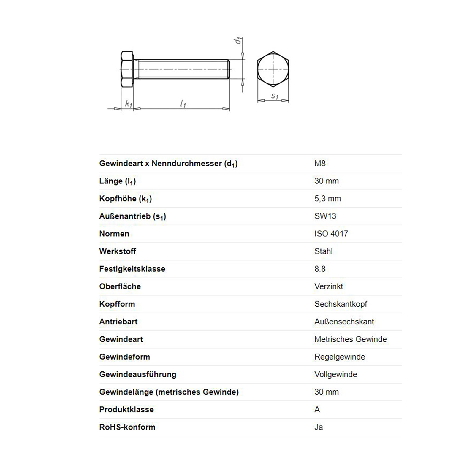Sechskantschraube, M8 x 30 mm, Schlüsselweite 13