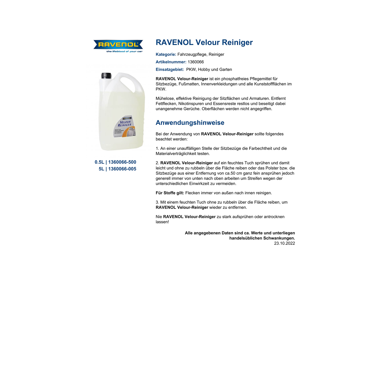 RAVENOL Velour-Reiniger, 500 ml Sprayflasche
