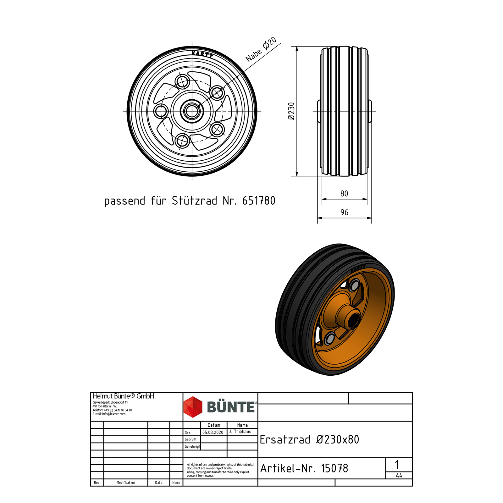 BÜNTE-KARTT Wiel, 230 x 80 mm, rode velg