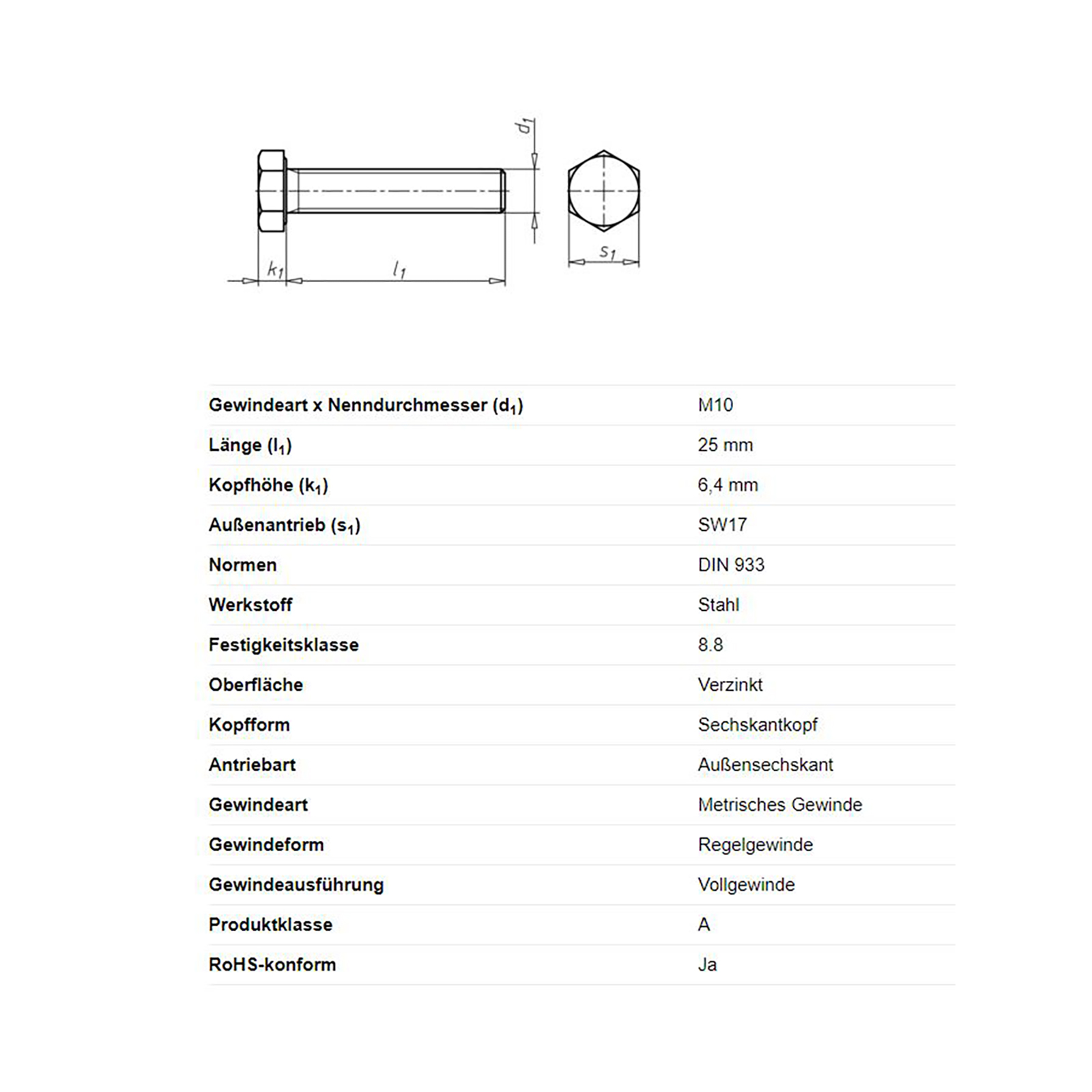 Sechskantschraube, M10 x 25 mm, Schlüsselweite 17