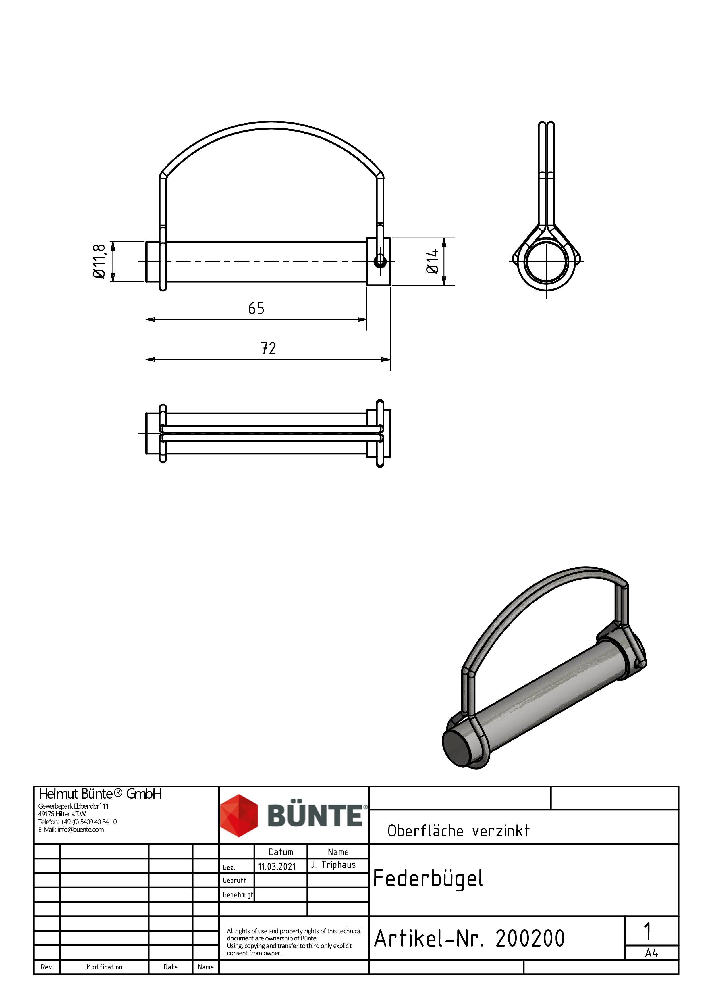 BÜNTE Bevestigingspen borg/veer, Ø 11.8 x 72 mm