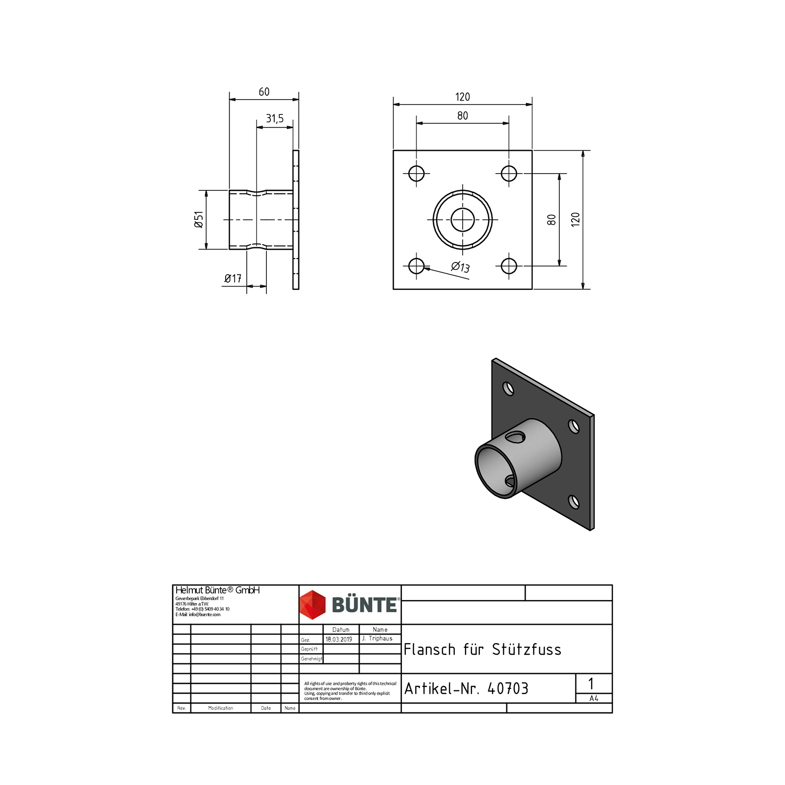BÜNTE Flansch, 120 x 120 x 60 mm, LA 80 mm