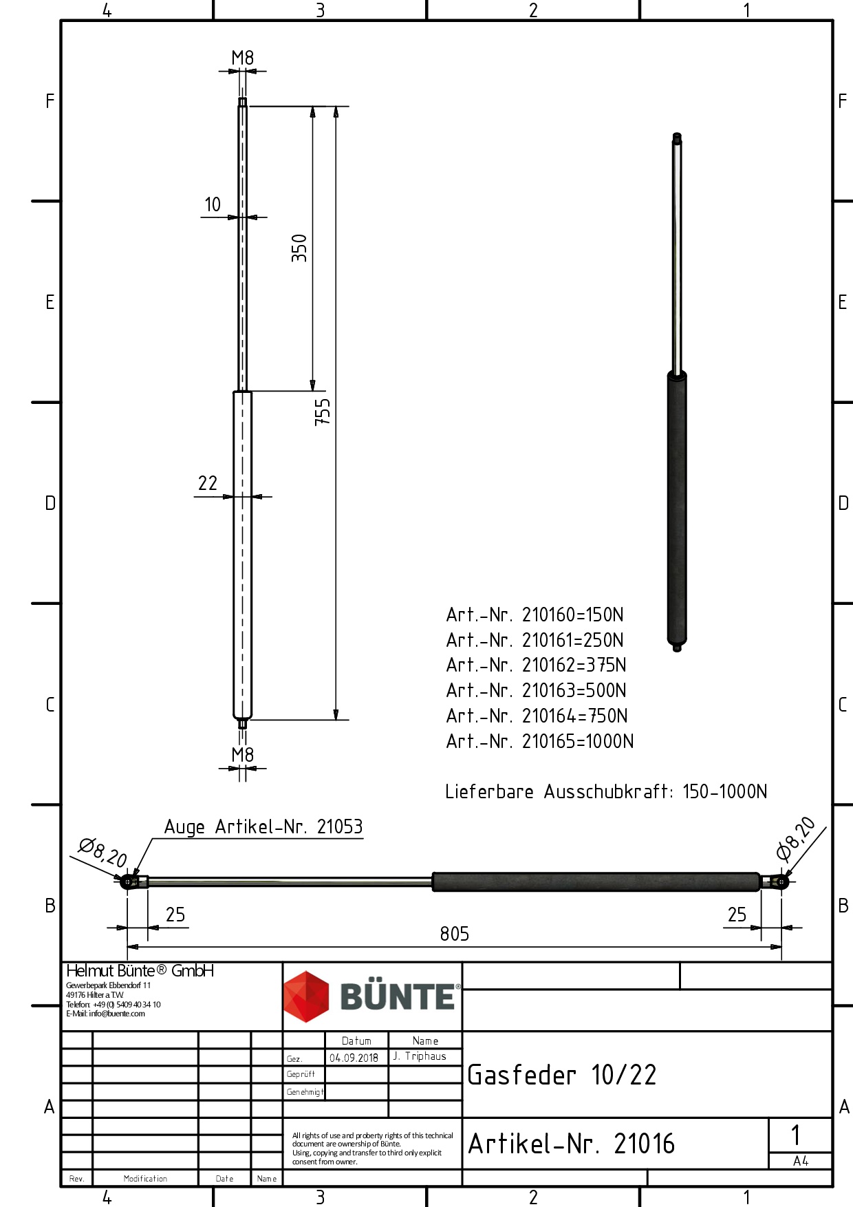 BÜNTE Gasfeder 10/22, 750 N, 755 mm, 350 mm Hub