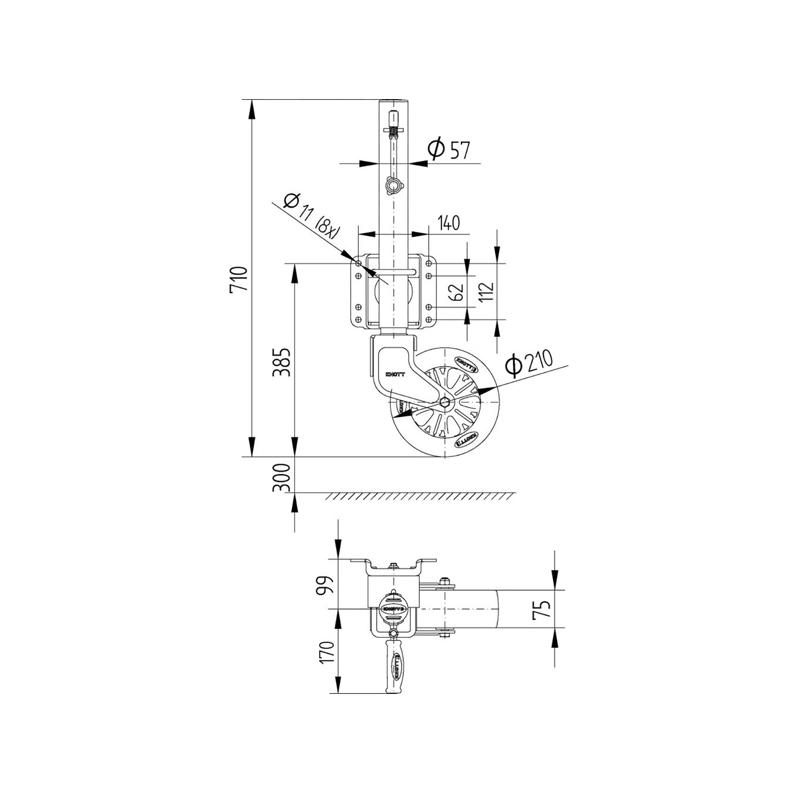KNOTT Stützrad TK57, Ø 57 mm, schwenkbar
