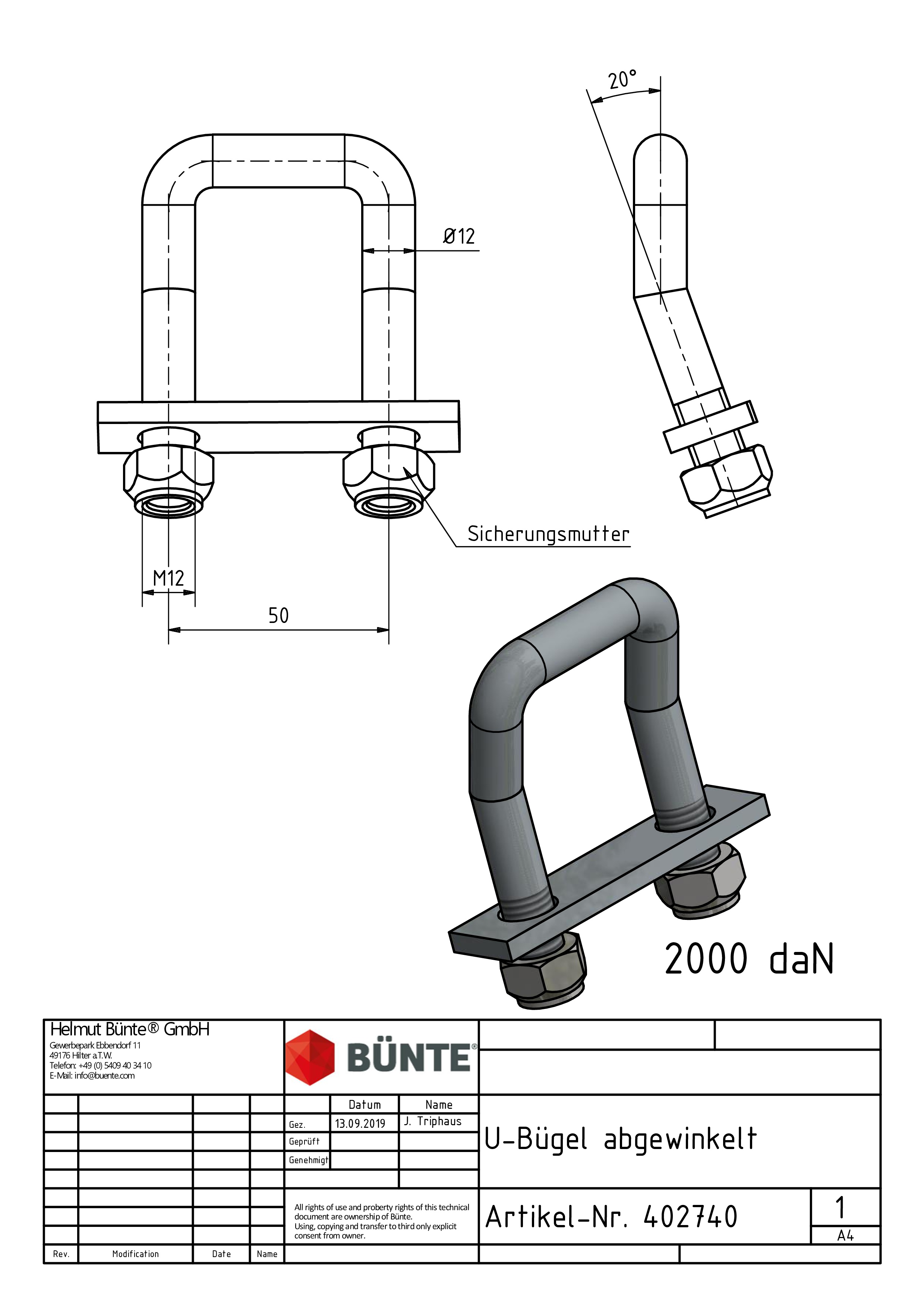 BÜNTE Zurrbügel, M12, 20° abgewinkelt, 2000 daN