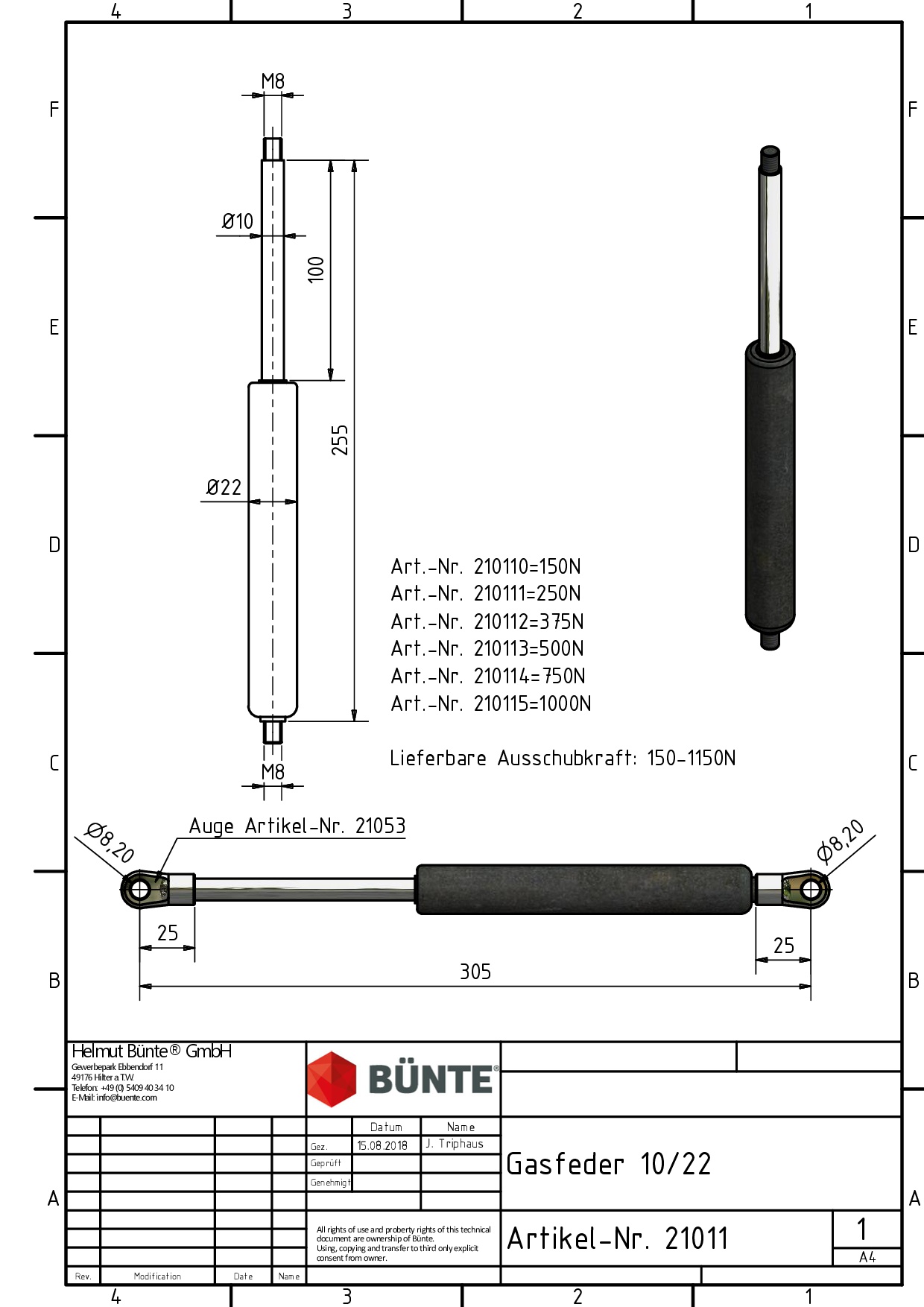 BÜNTE Gasfeder 10/22, 125 N, 255 mm, 100 mm Hub