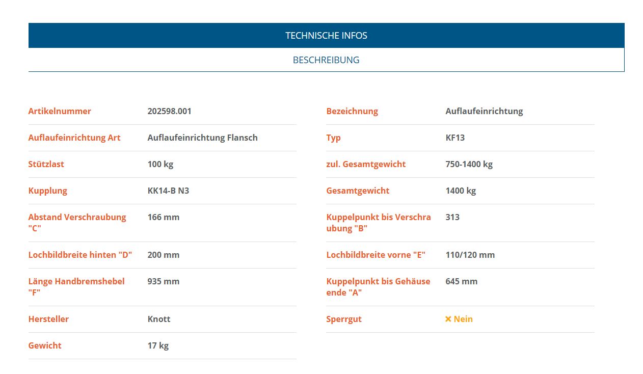 KNOTT Auflaufeinrichtung KF13-E, 750-1400 kg