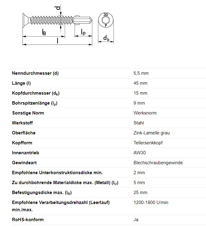 Zelfborende schroef, 5,5 x 45 mm, TORX AW30