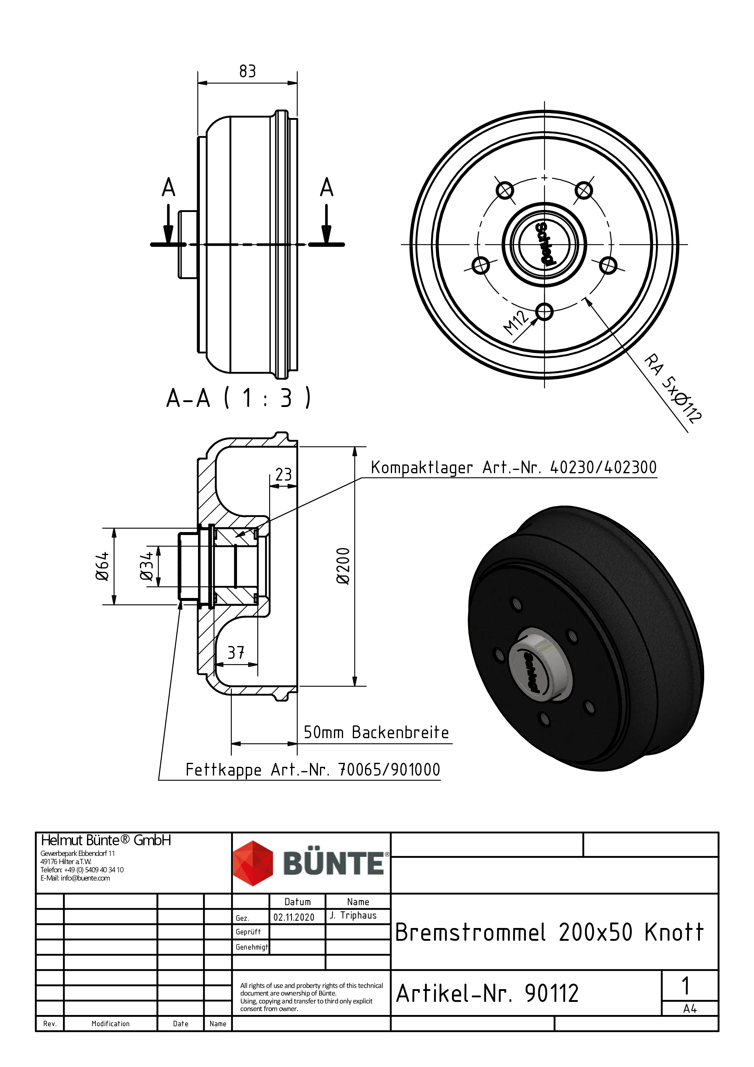 KNOTT Bremstrommel, Ø 200 x 50 mm, f. RB 20-2425/1