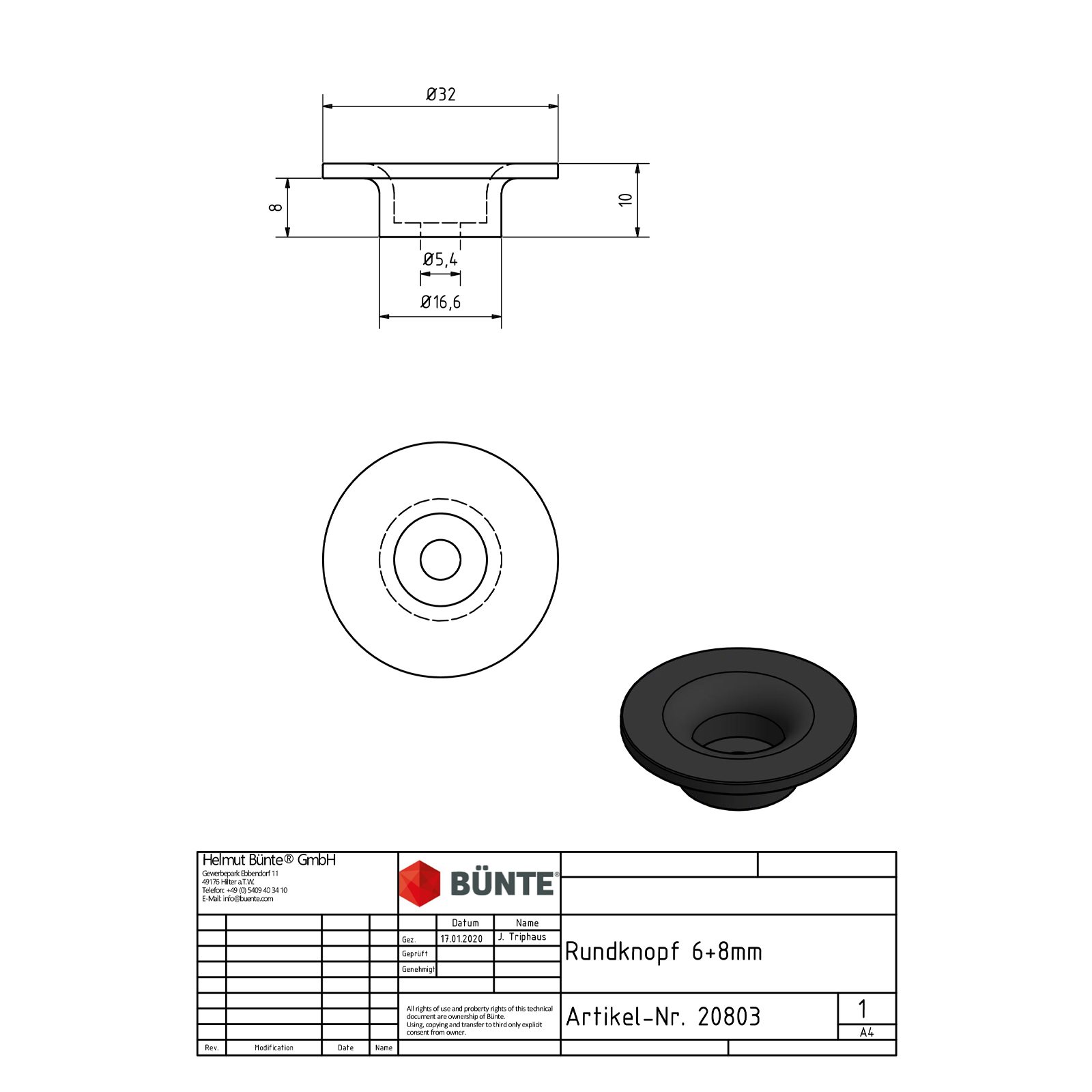 Rundknopf groß, Ø 32 mm, einseitig montierbar