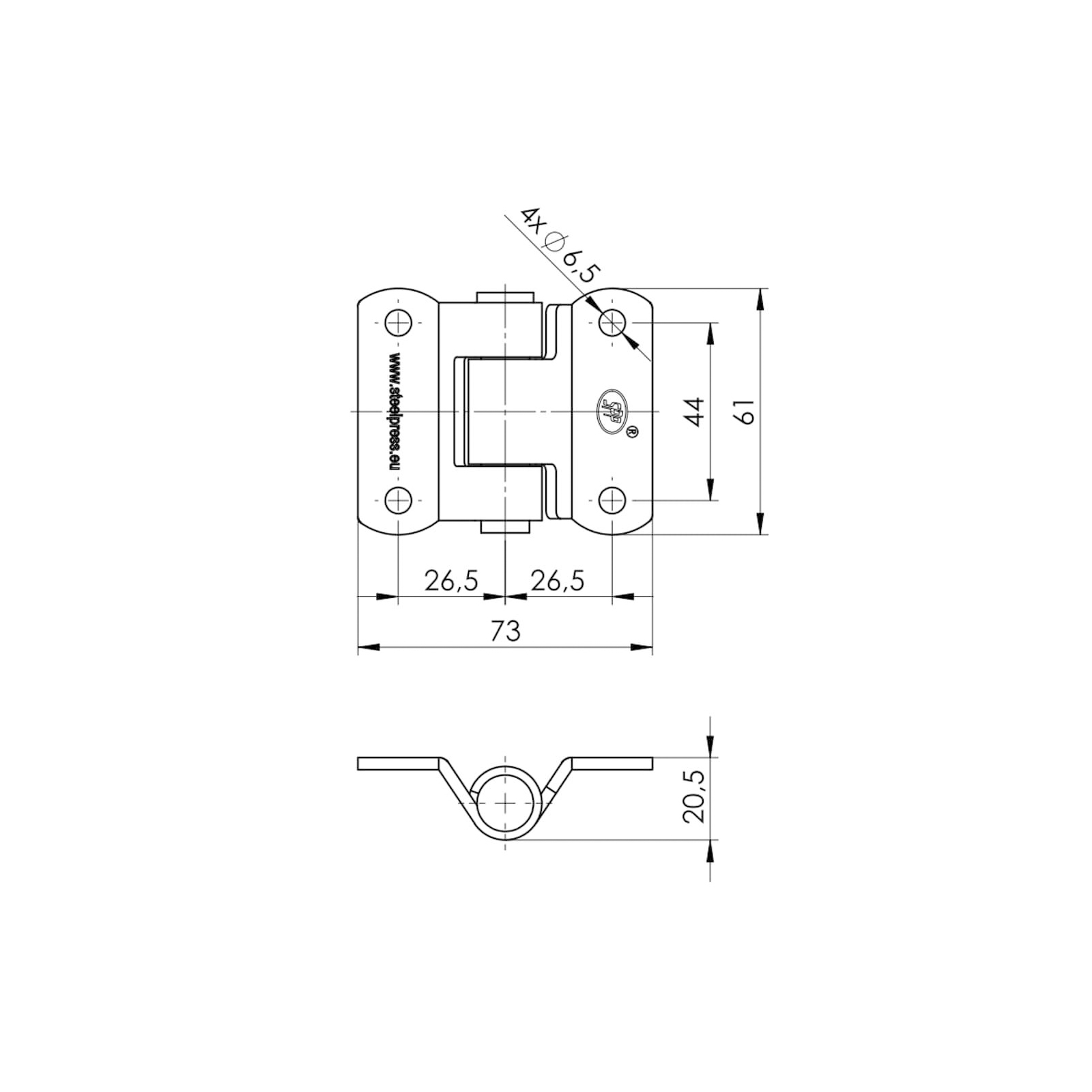 Screwed hinge, 59 x 76 mm, gal