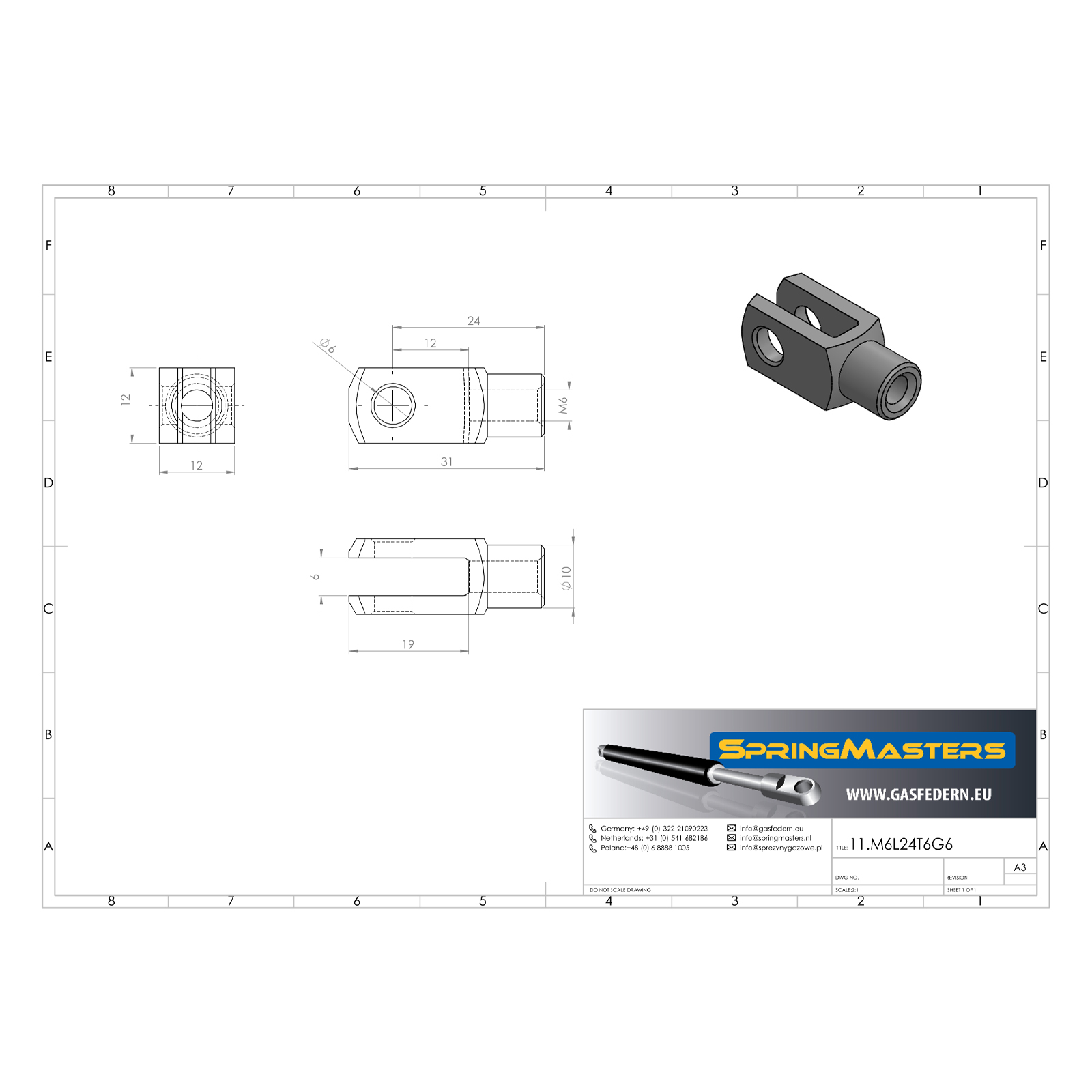 Gaffel M6 x 12 mm, M6, 24 mm