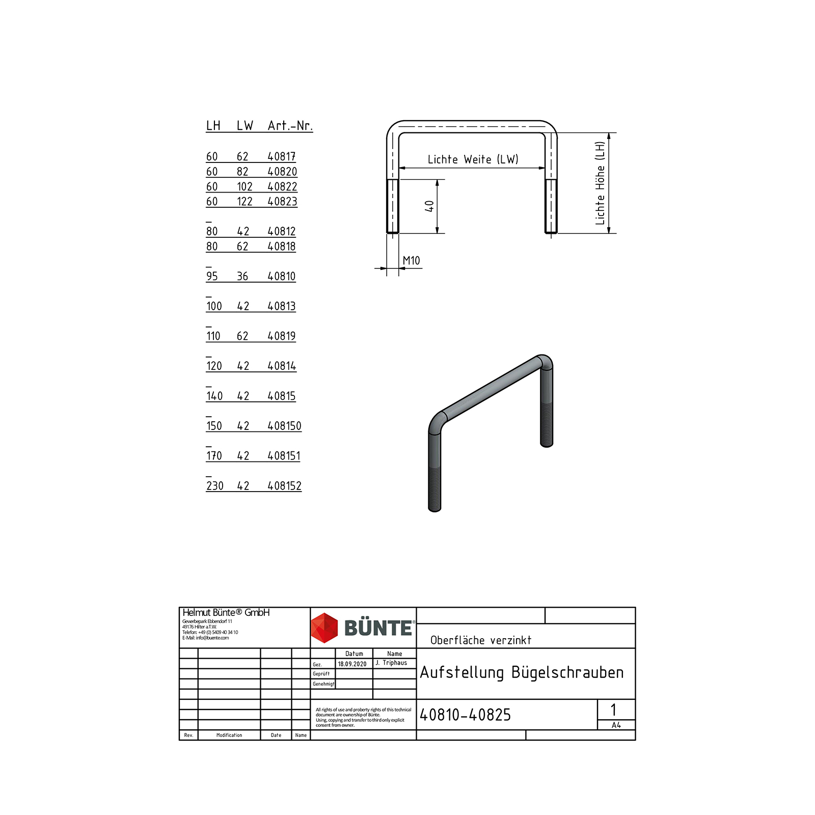 Bügelschraube, M10, LH 60 x LW 122 mm