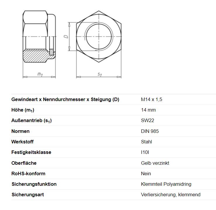 Sechskantmutter selbstsichernd, M14 x 1,5 x 14 mm