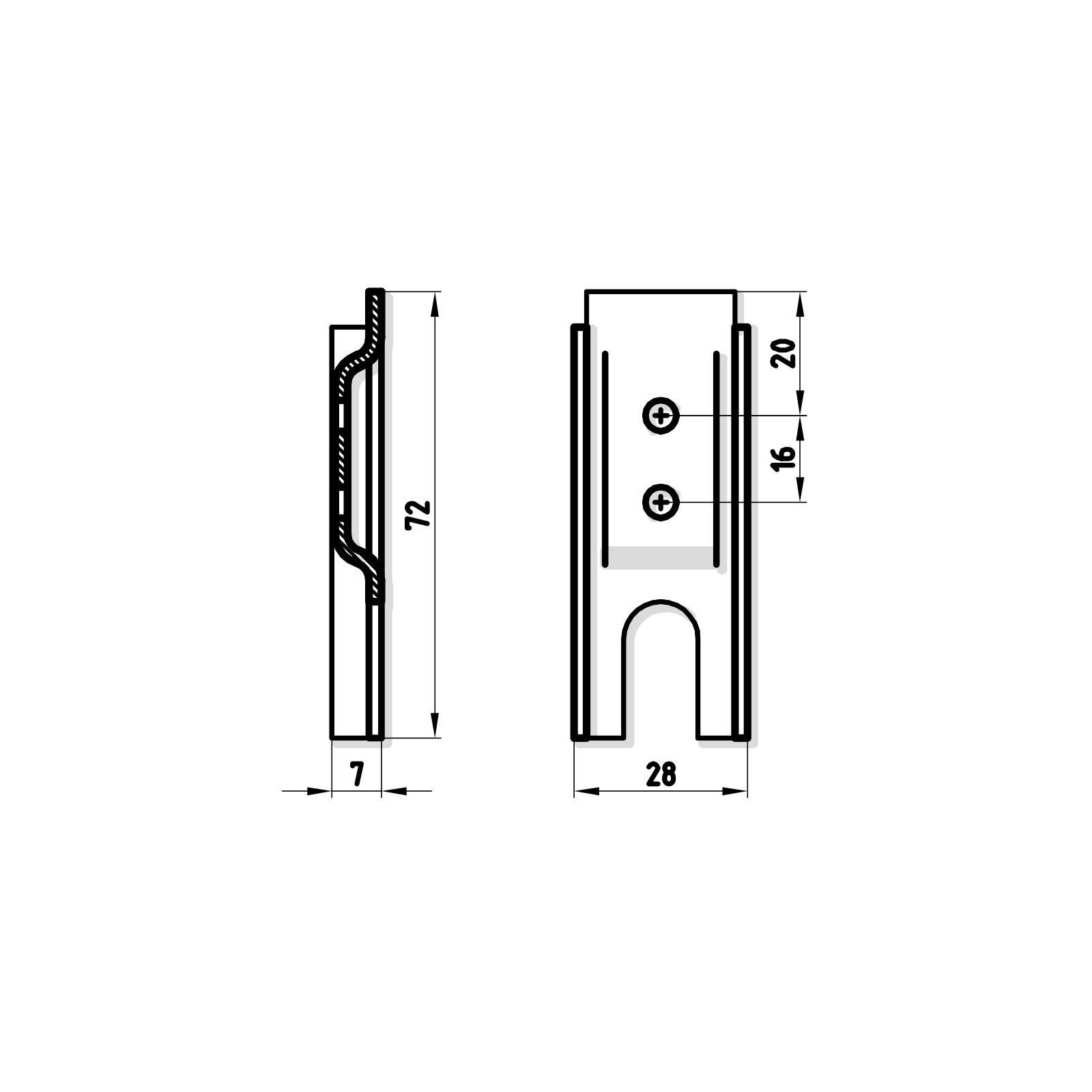 Gegenhalter, 28 x 72 x 7 mm, Lochabstand 16 mm