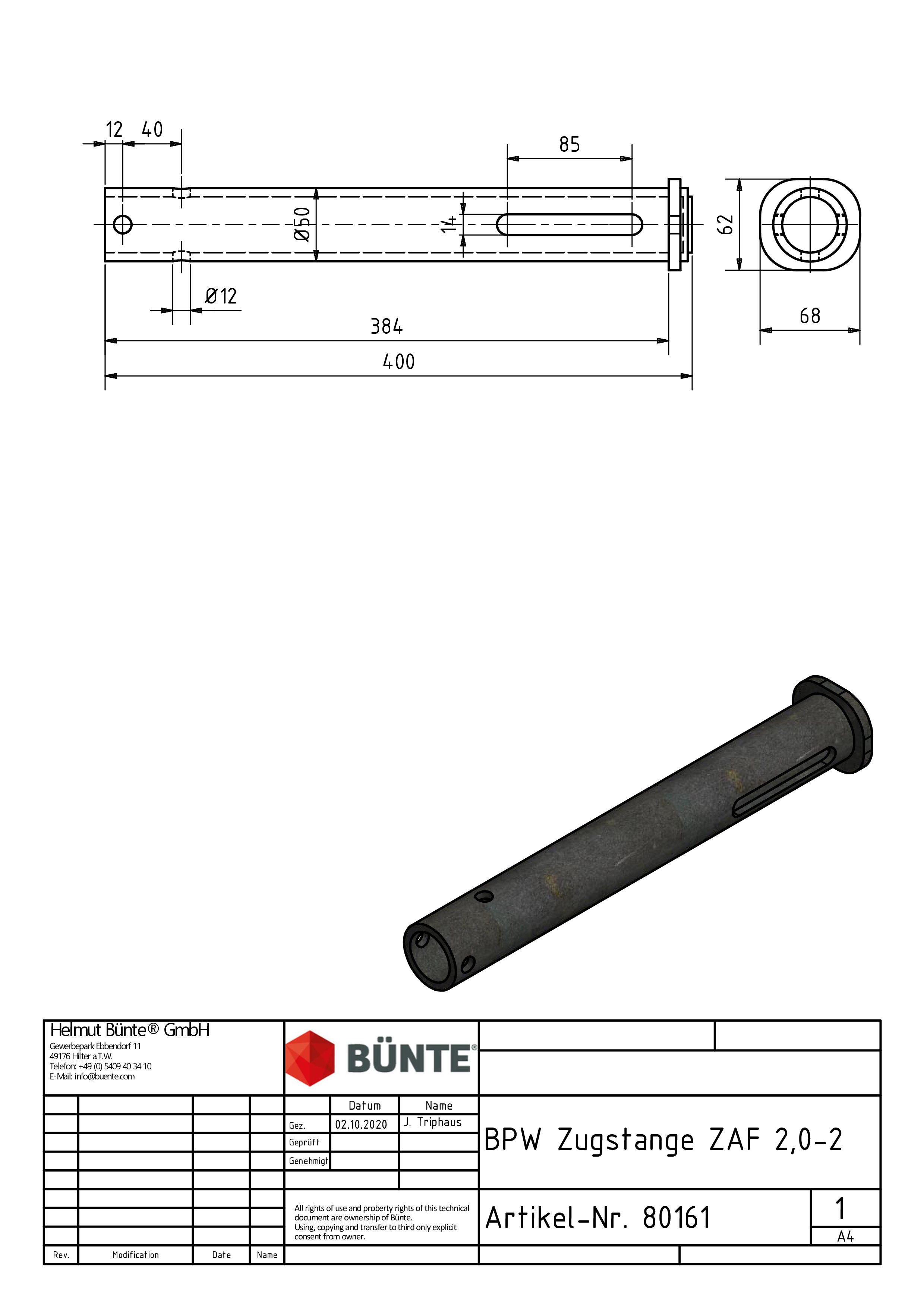 BPW Trekstang, voor ZAF 2,0-2/2,0-3