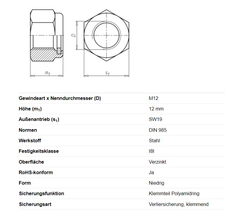 Zeskantmoer M12 x 12 mm, zelfborgend