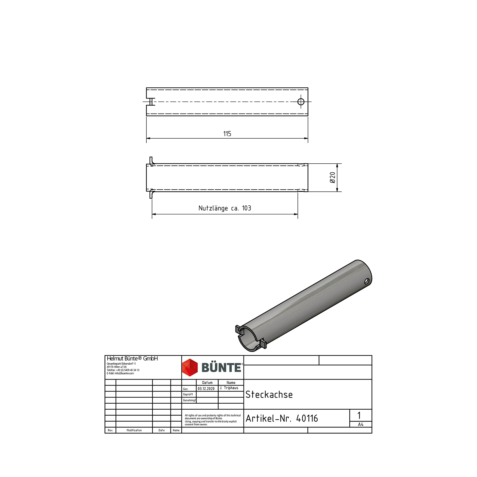 BÜNTE Steckachse, Ø 20 x 87 mm, m. Splint