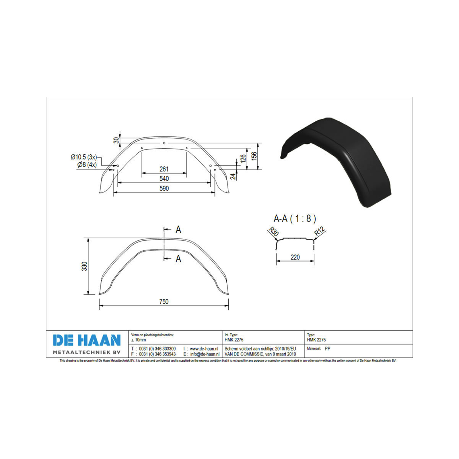 DE HAAN HMK 2275, 220 x 750 mm, enkelas