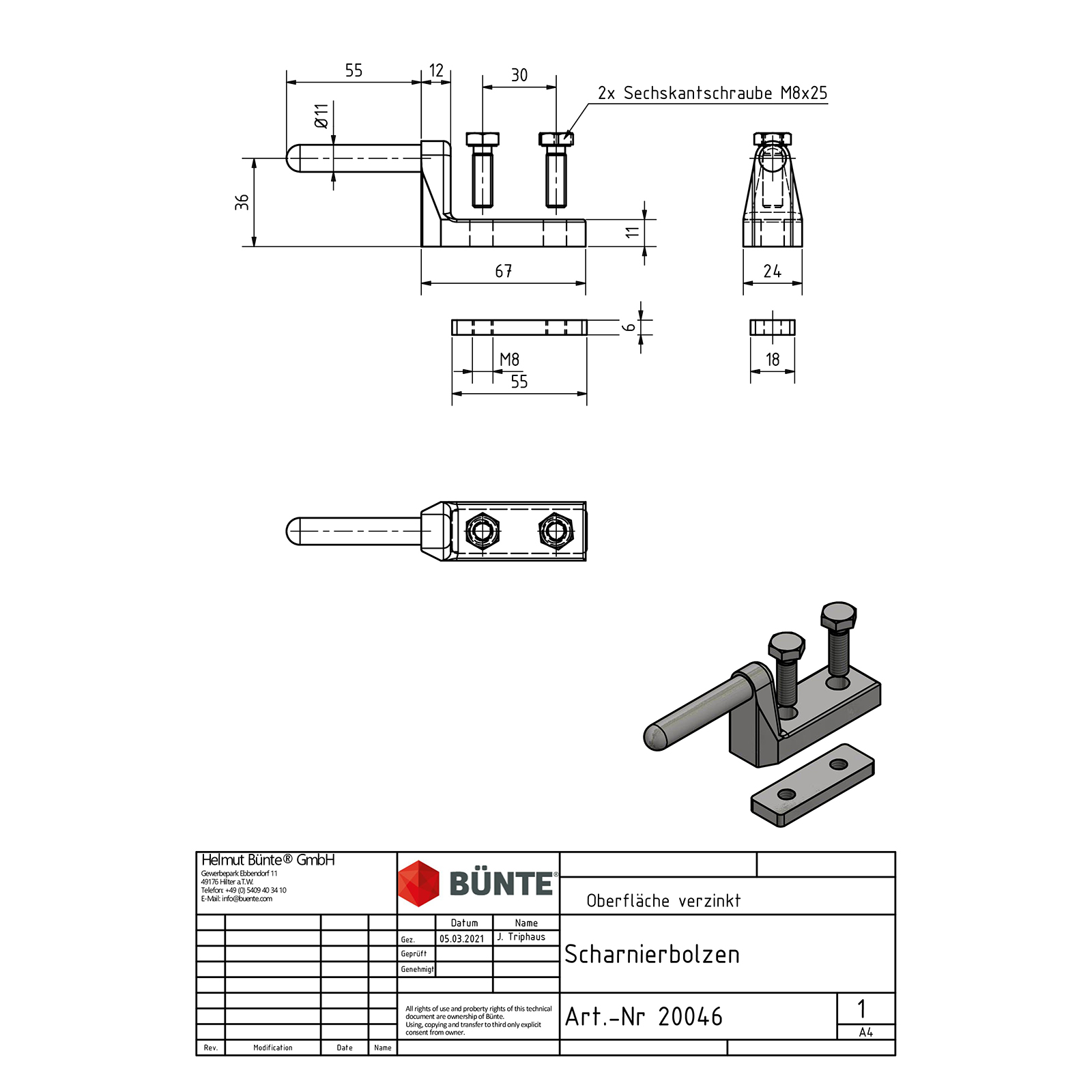 Scharnierpen Ø11mm, verzinkt