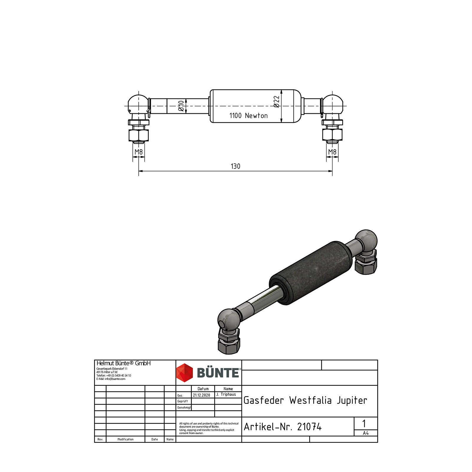 BÜNTE Gasfeder 10/22, 1100 N, 130 mm, 25 mm Hub