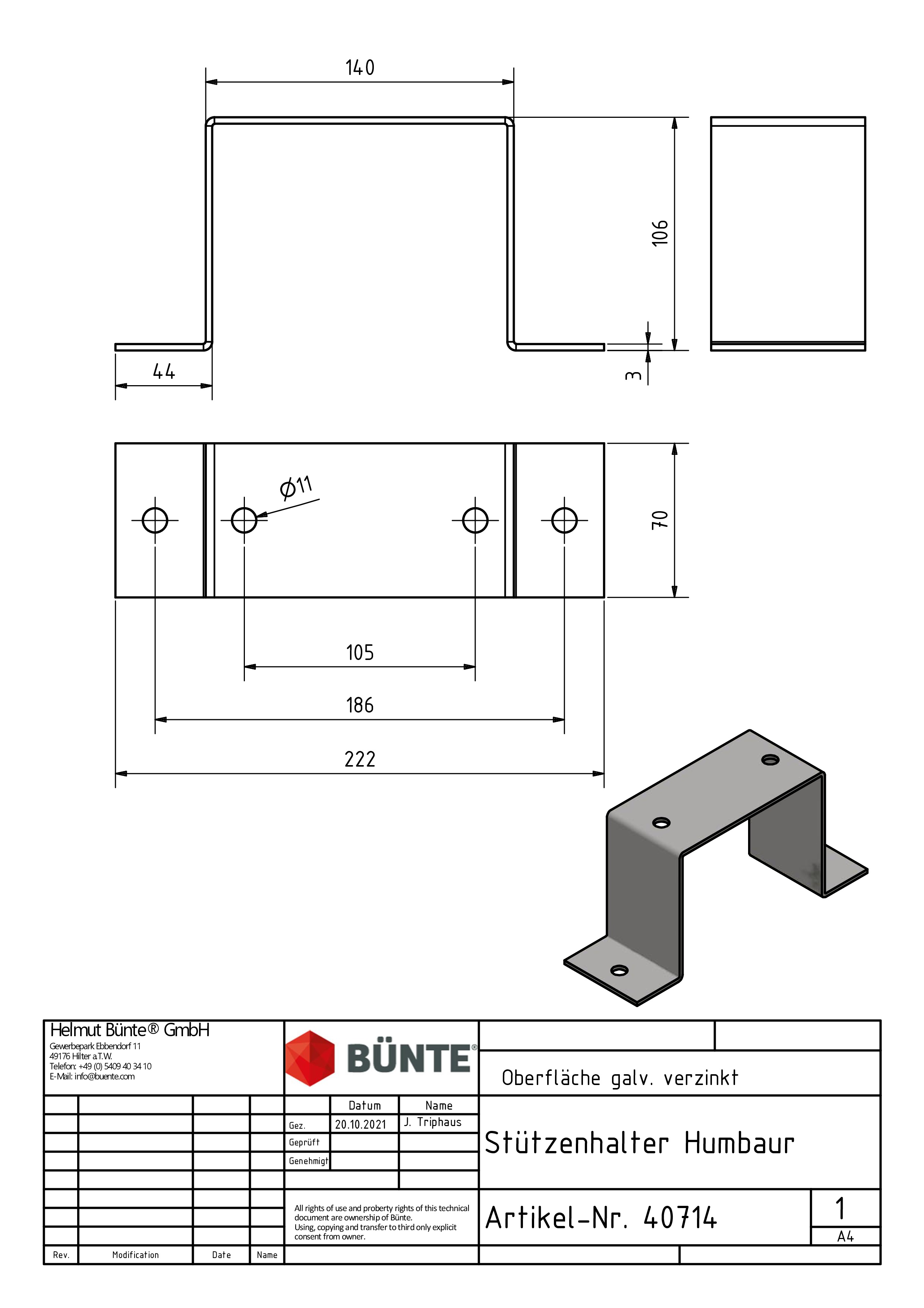 Bevestigingbeugel, 70 x 222 x 106 mm