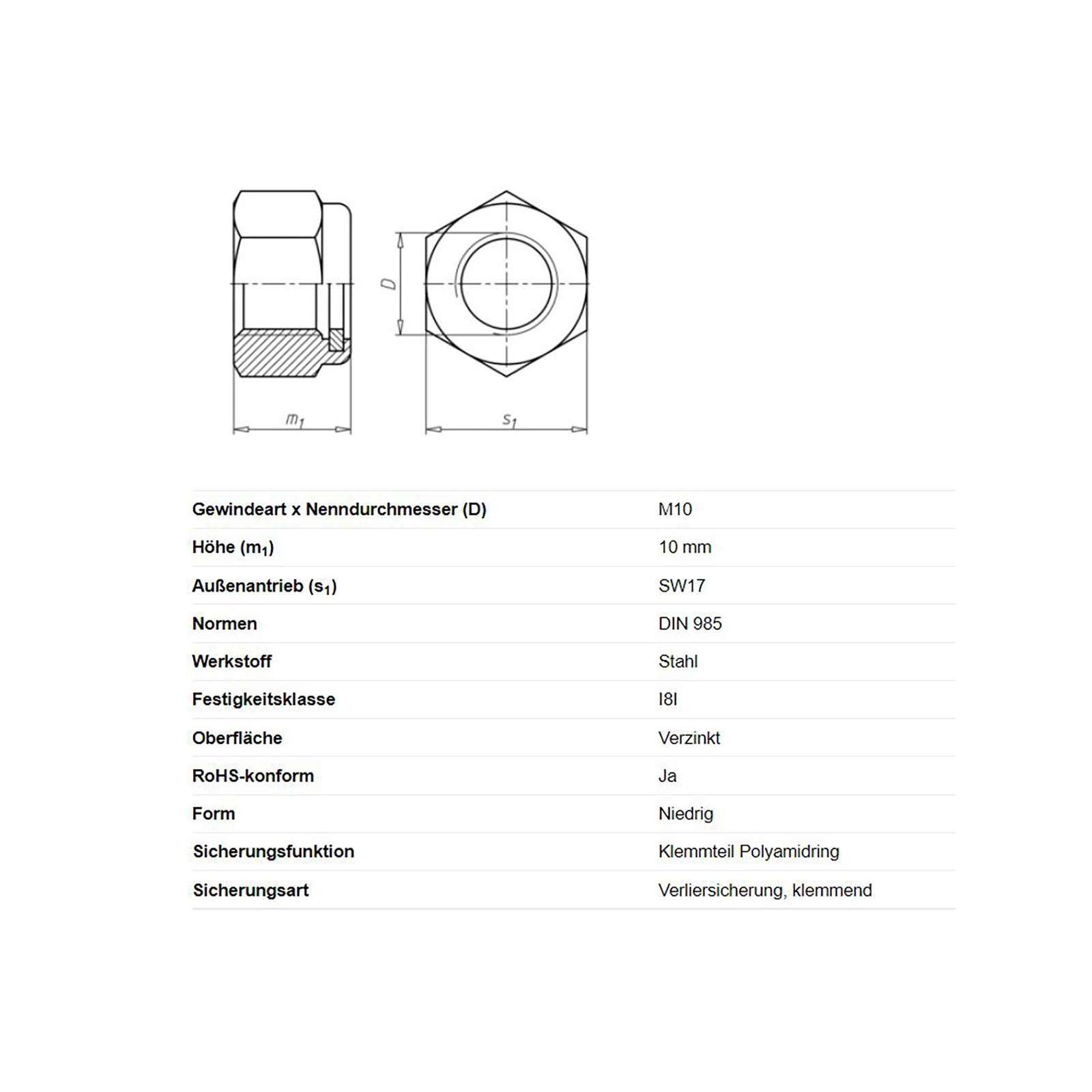 Zeskantmoer M10 x 10 mm, zelfborgend