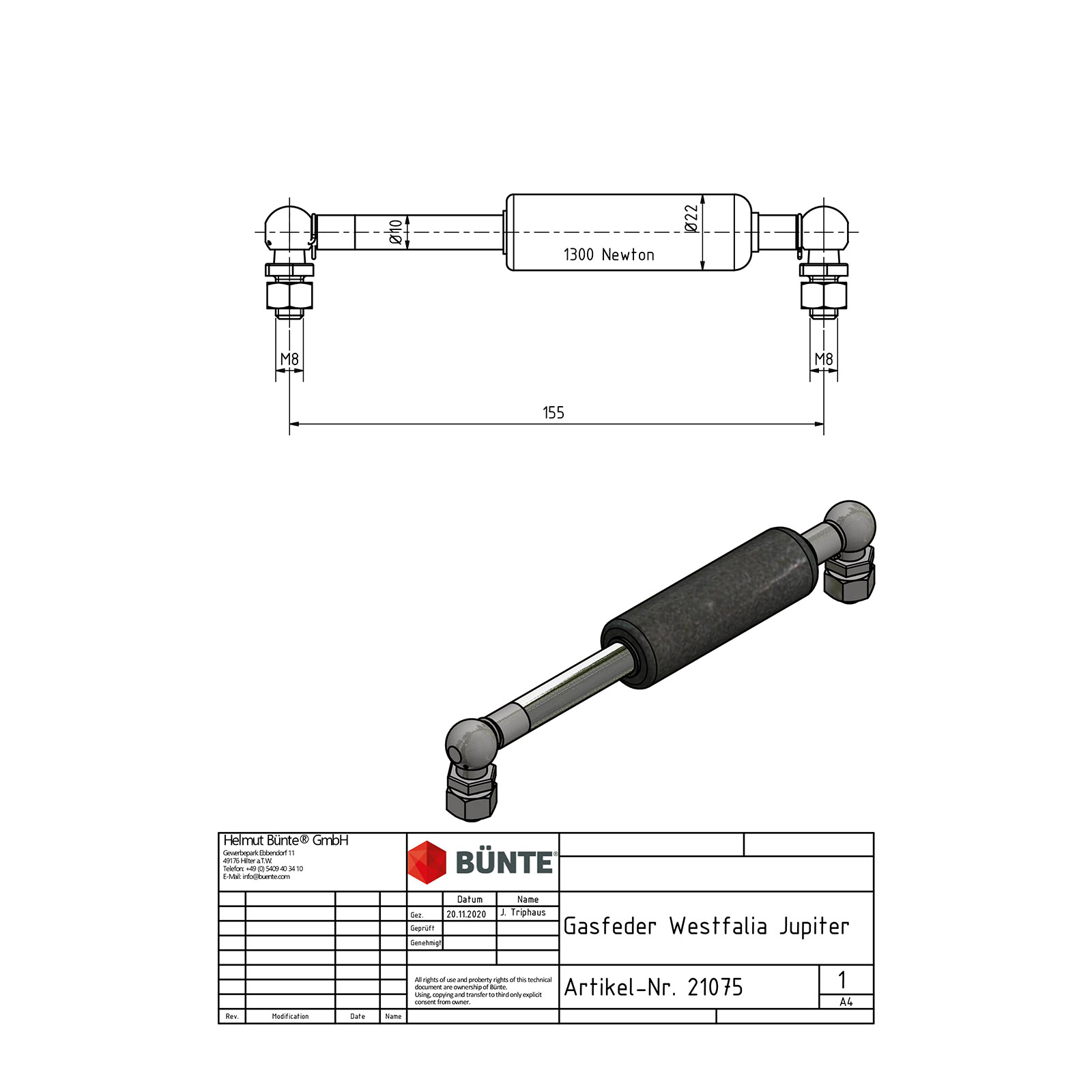 Gasfeder 10/22, 1300 N, 155 mm, 43 mm Hub