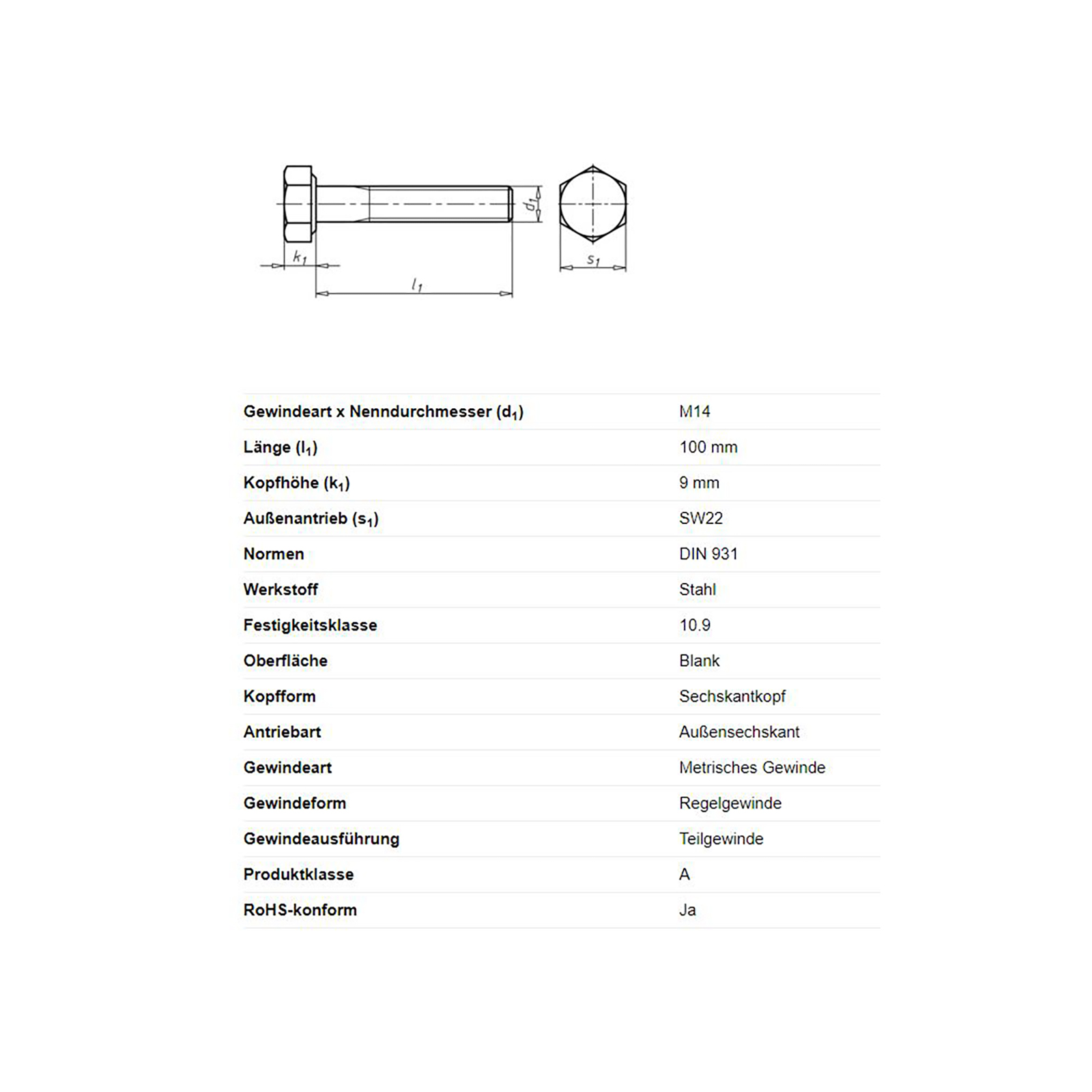 Sechskantschraube m. Schaft, M14 x 100 mm
