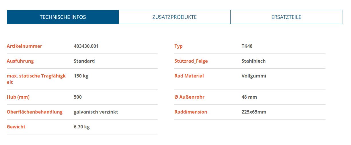 KNOTT Stützrad, Ø 48 mm, Ø 225 x 65 mm