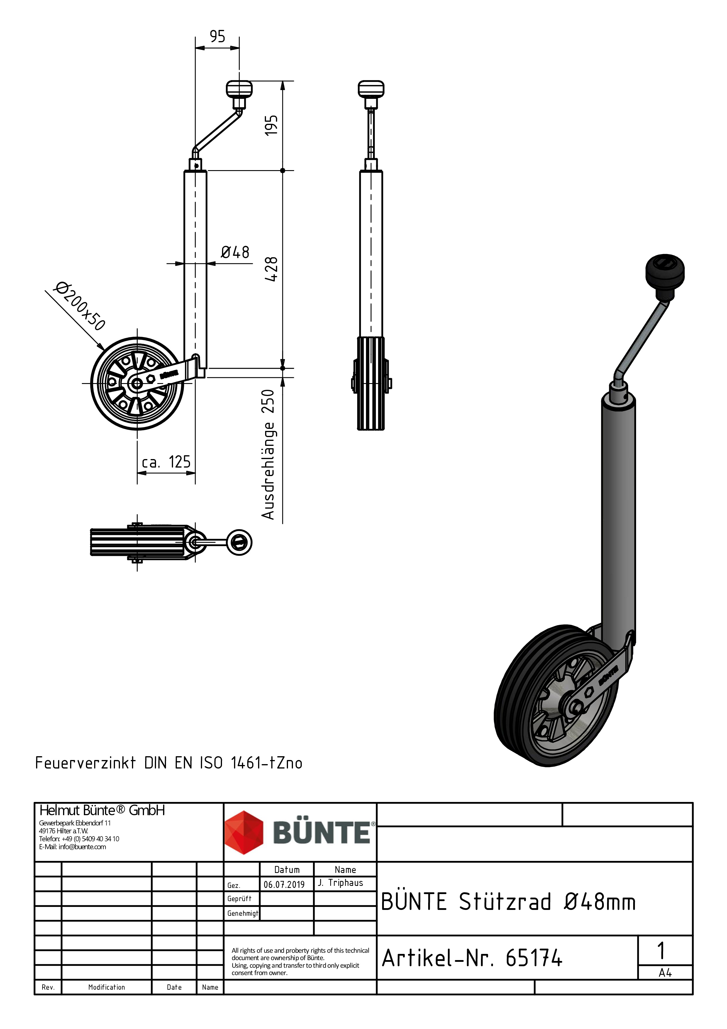 BÜNTE Steunwiel, Ø 48 mm, 200 x 50 mm, vlak profie