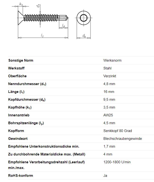 Bohrschraube m. Senkkopf AW25, Ø 4,8 x 16 mm