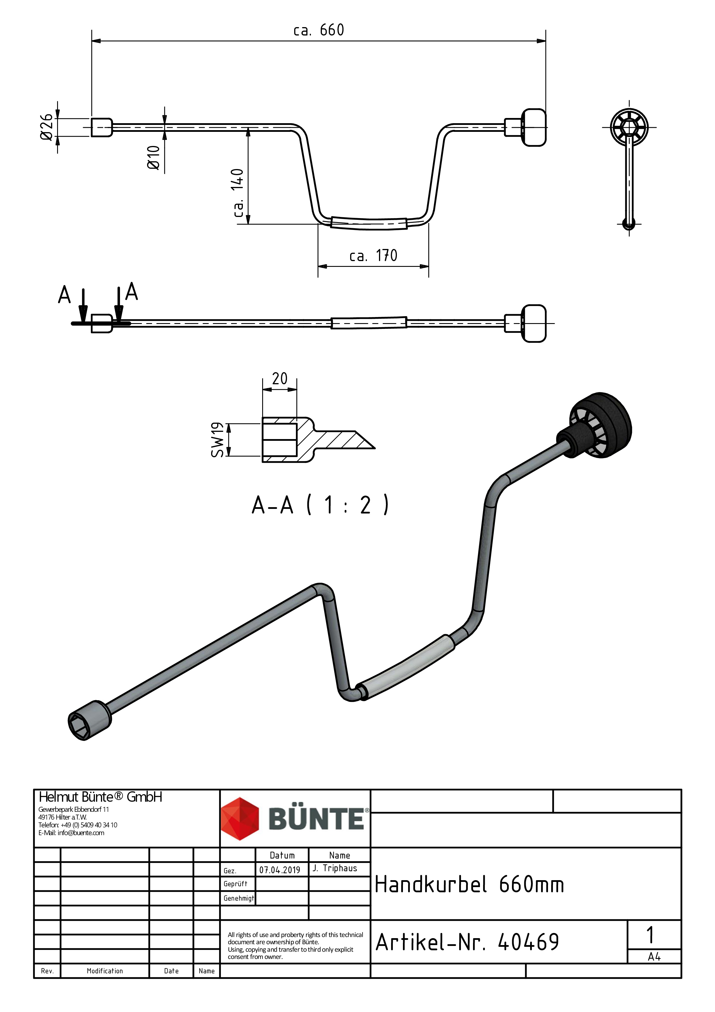 BÜNTE Handslinger, 660mm lang, SW19, 140mm verzet