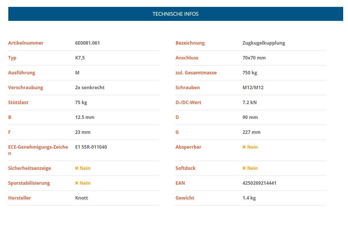 KNOTT K 7,5 M Kogelkoppeling, VK 70 mm