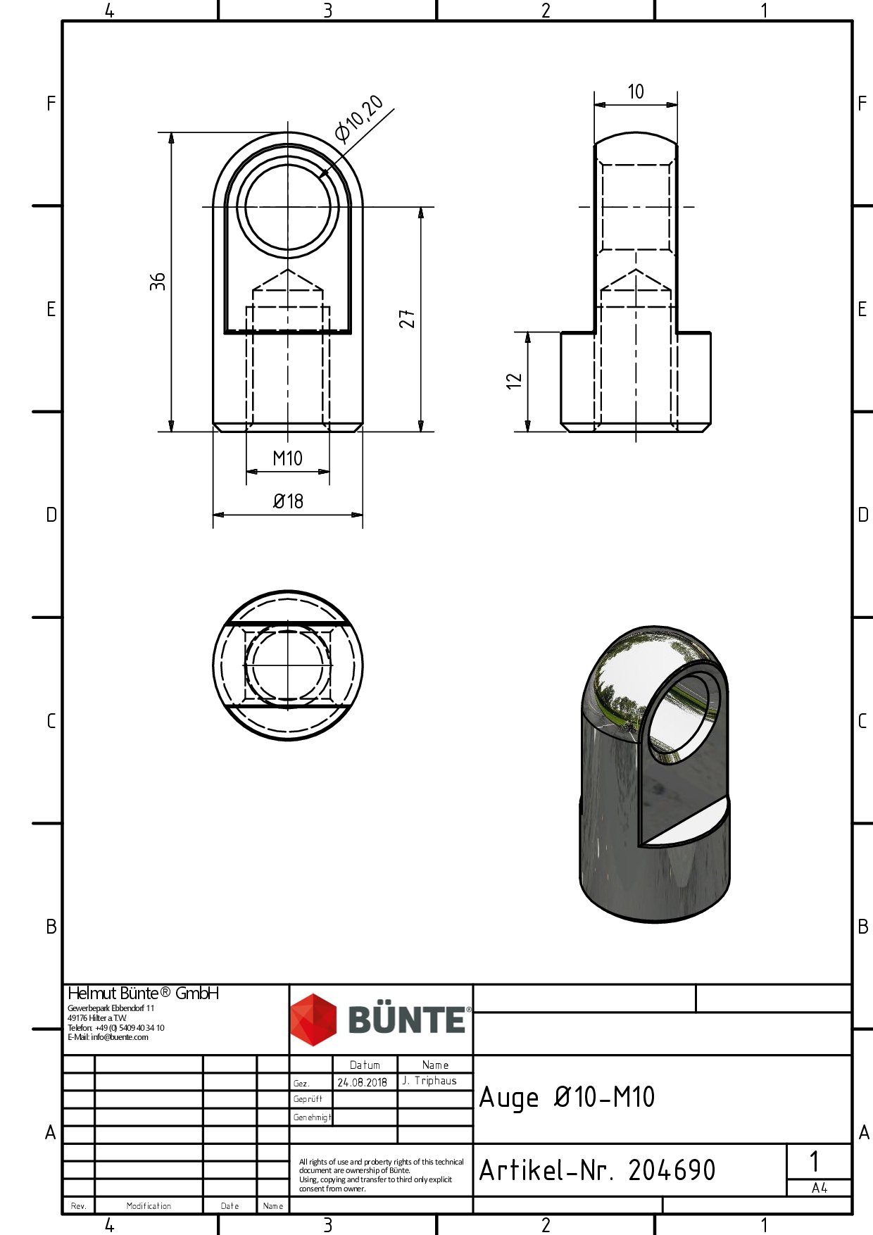 Auge m. Bund M10, Ø 10,2 mm, wirksame Länge 27 mm