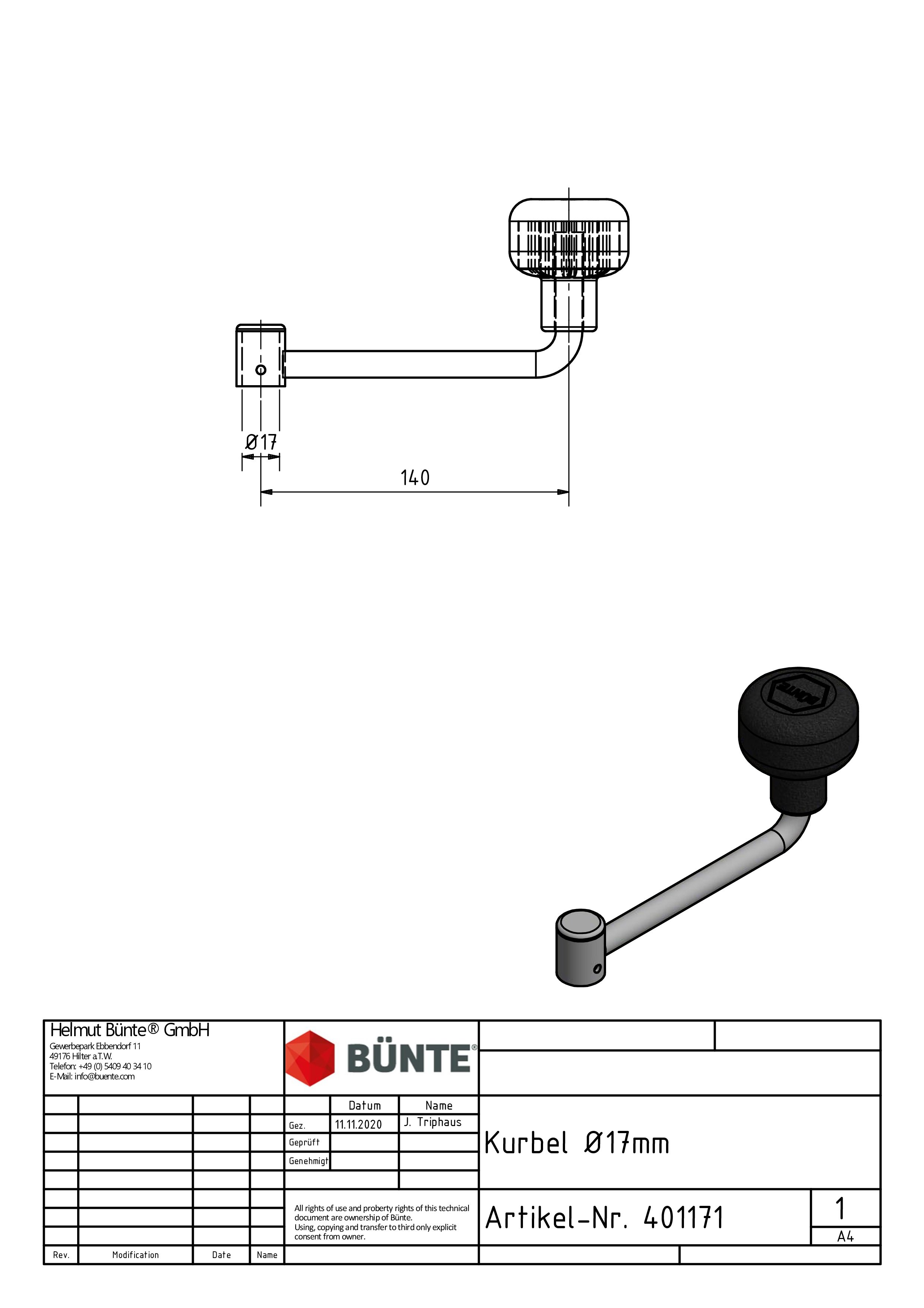 BÜNTE Crank, Ø 17 mm, 140 mm length