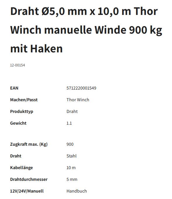 THOR WINCH Stahlseil, Ø 5 mm x 10 m, m. Haken