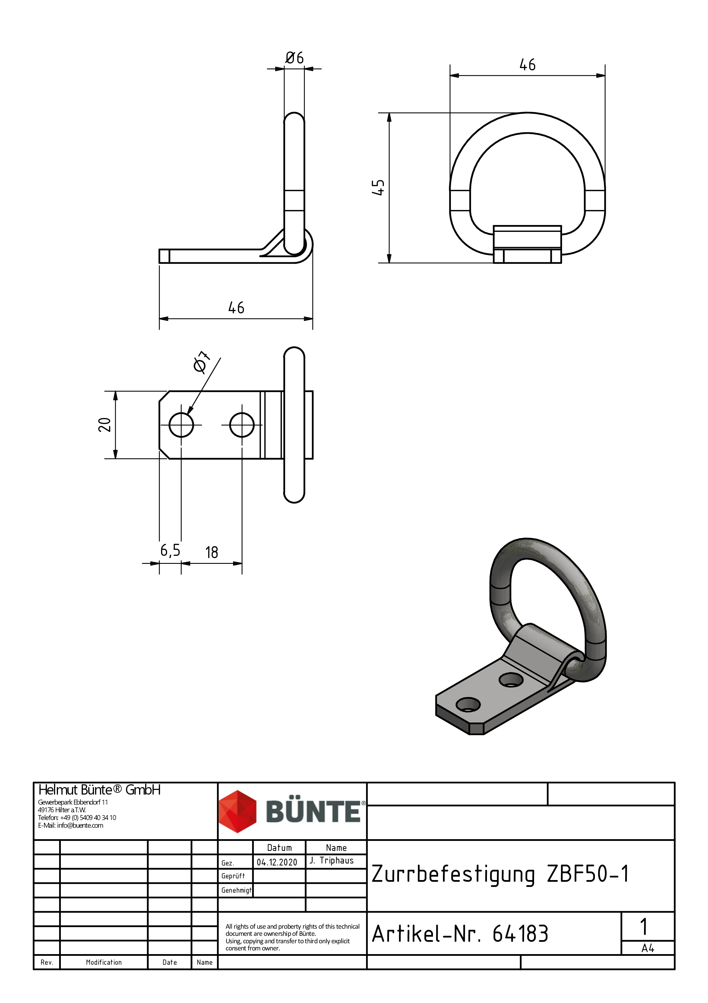 BÜNTE Zurröse ZBF 50-1, 20/46 x 46 x 45 mm