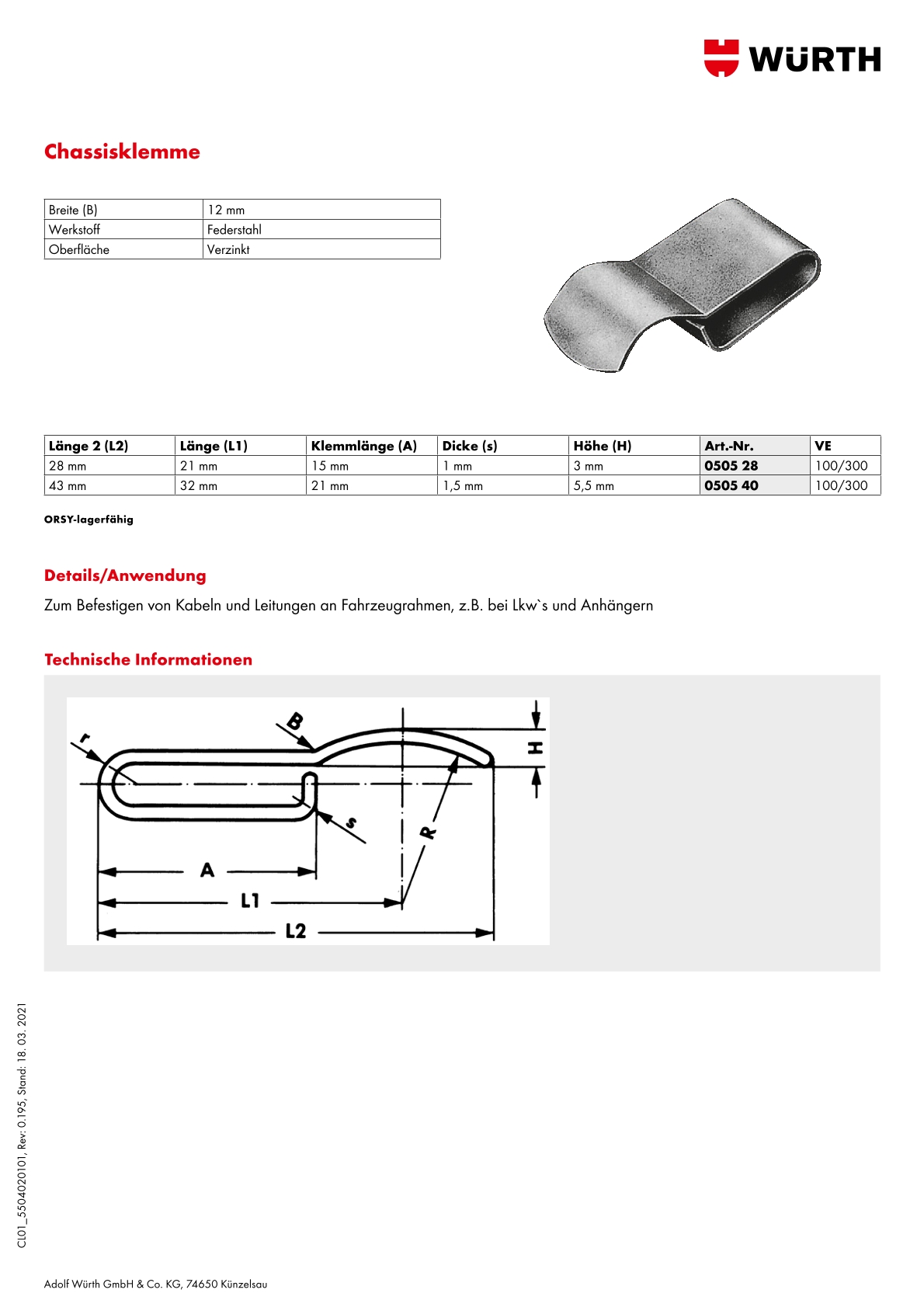 Chassis klem, 43 x 12 x 0,8 mm