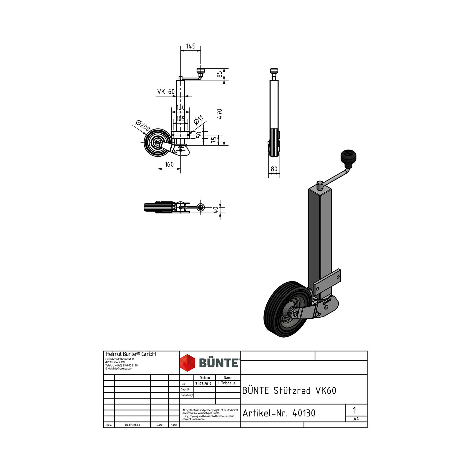 BÜNTE Jockey Wheel, VK 60mm, 200 x 60mm, automatic