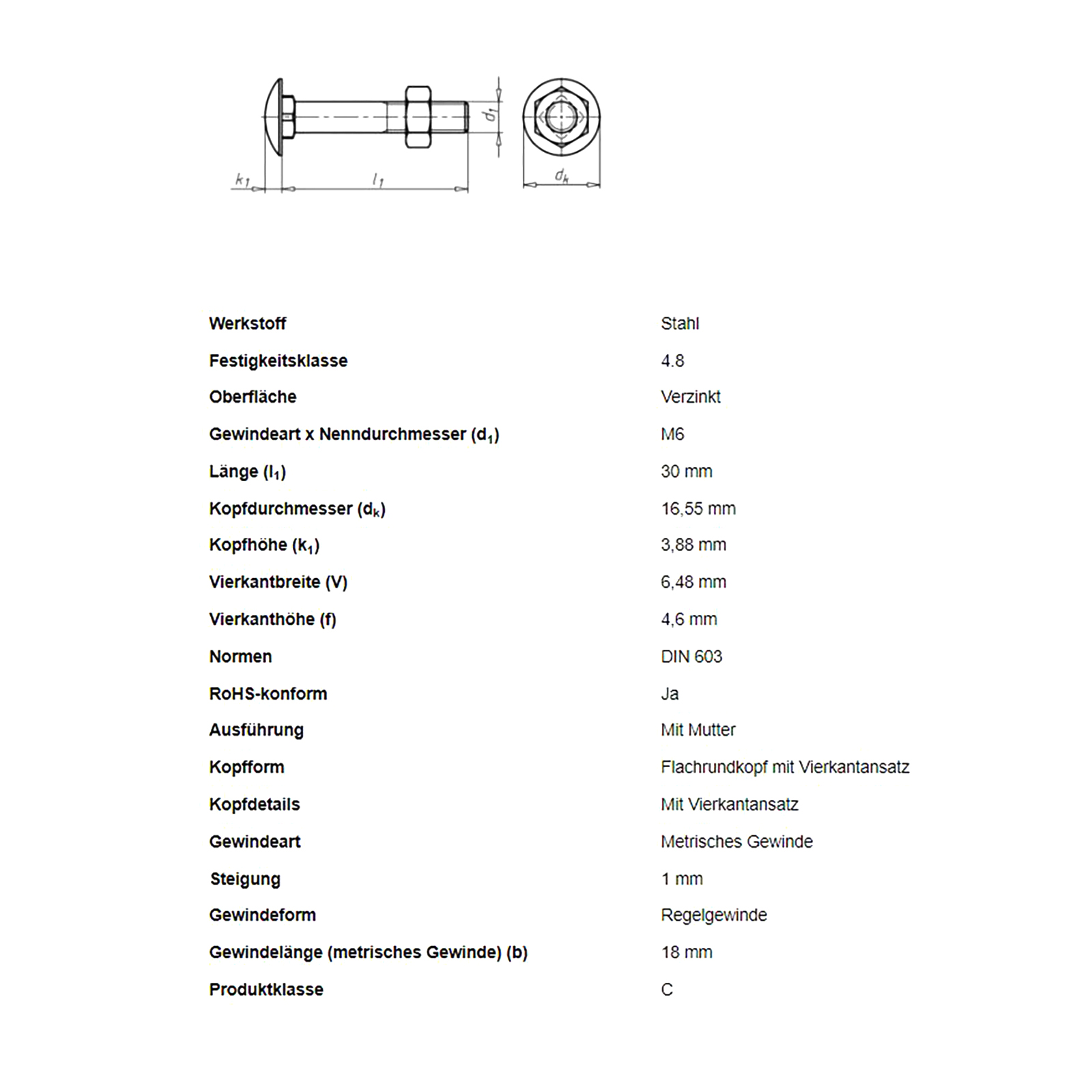Flachrundschraube m. Vierkantansatz, M6 x 30 mm