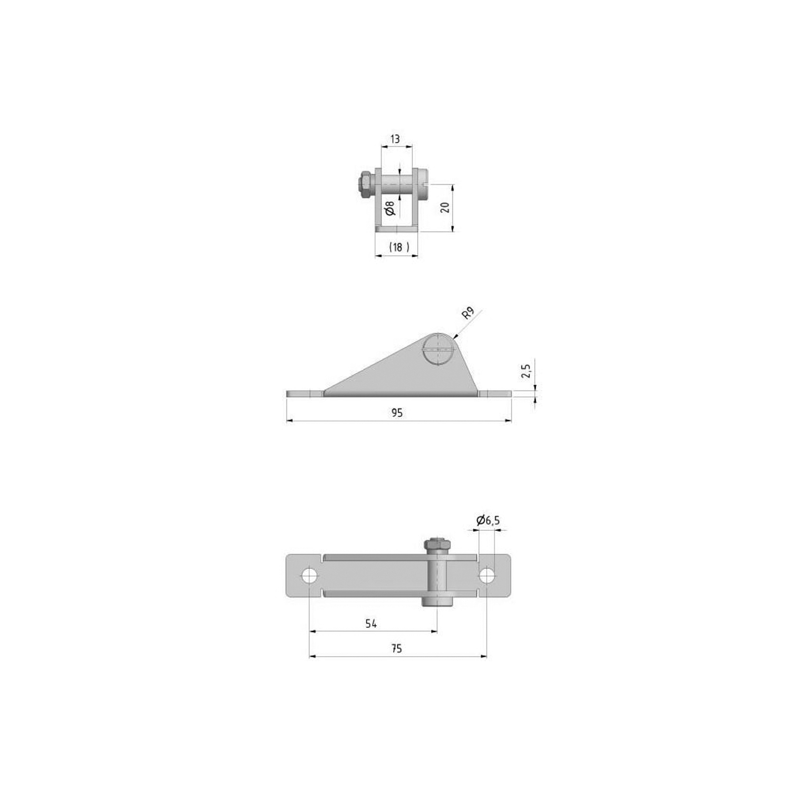 Lagerschuh Ø 8 mm, 18 x 95 mm, Lochabstand 75 mm