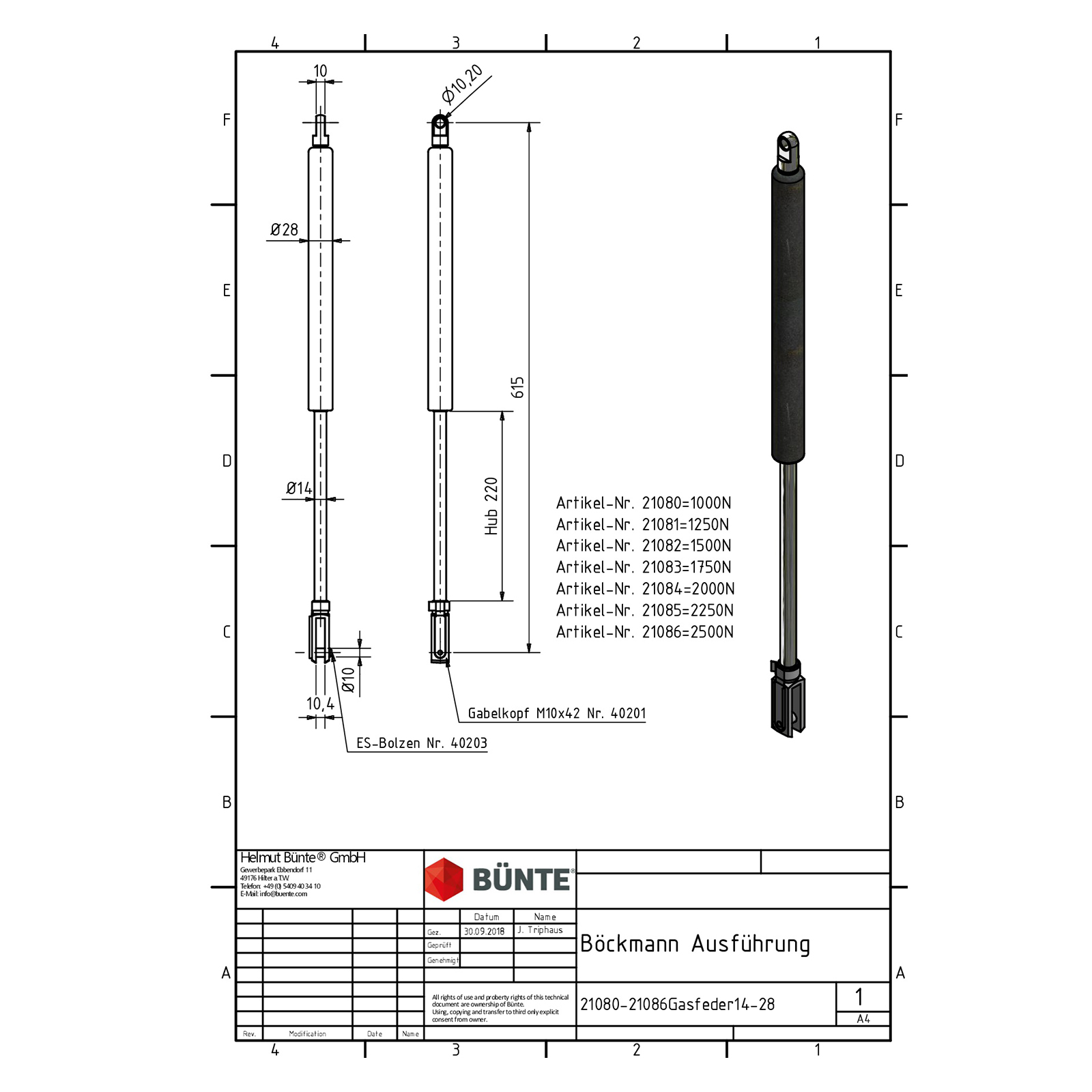 BÜNTE Gasfeder 14/28, 2250 N, 615 mm, 220 mm Hub