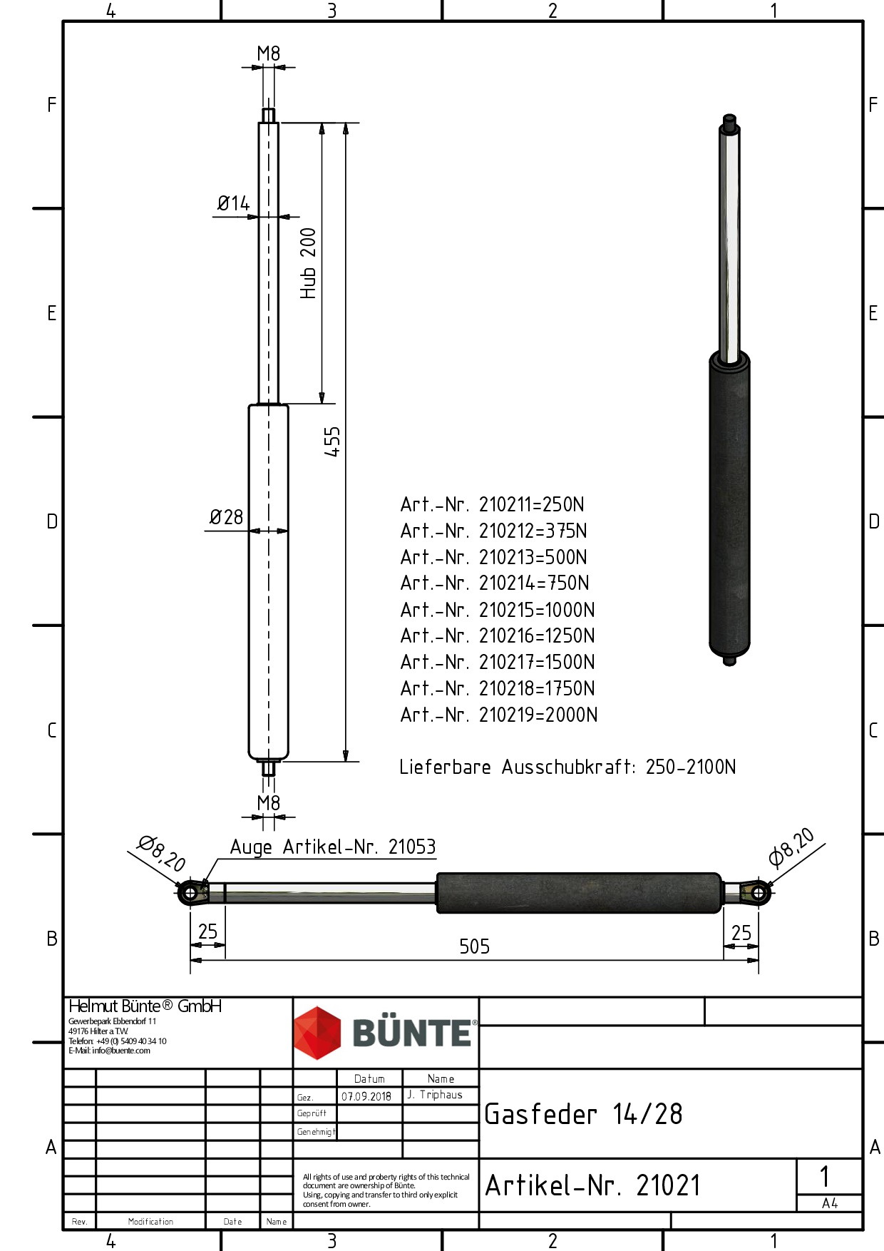 BÜNTE Gasfeder 14/28, 1250 N, 455 mm, 200 mm Hub