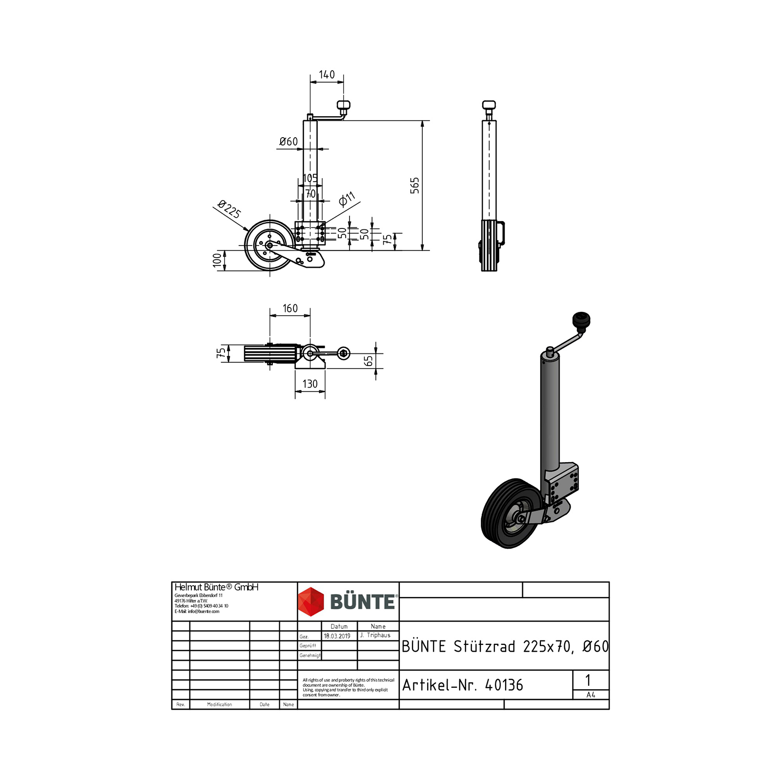 BÜNTE Stützrad, Ø 60 mm, automatisch klappbar